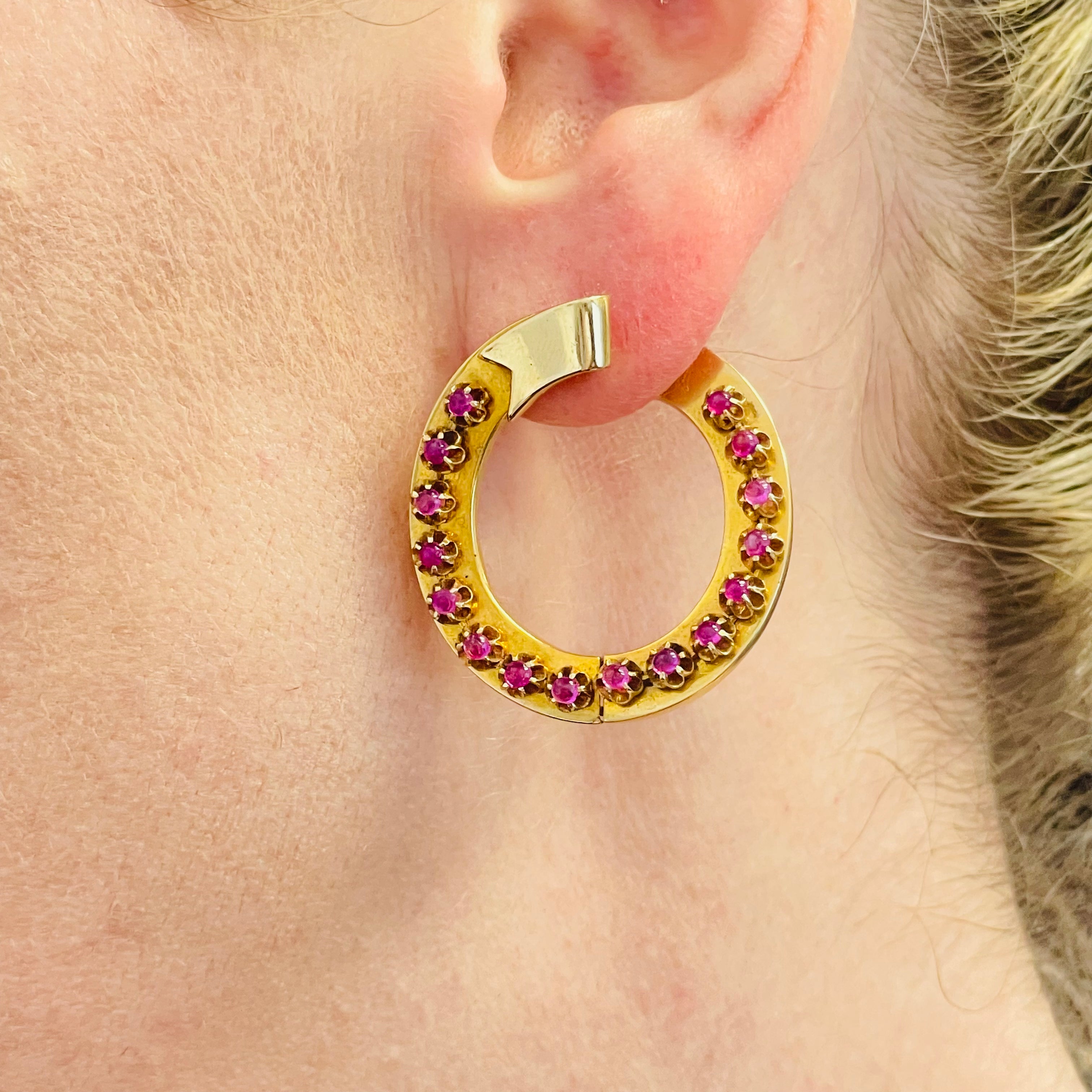 Amazing Natural Burma Ruby Cabochon Antique Victorian Hinged Hoop Earrings