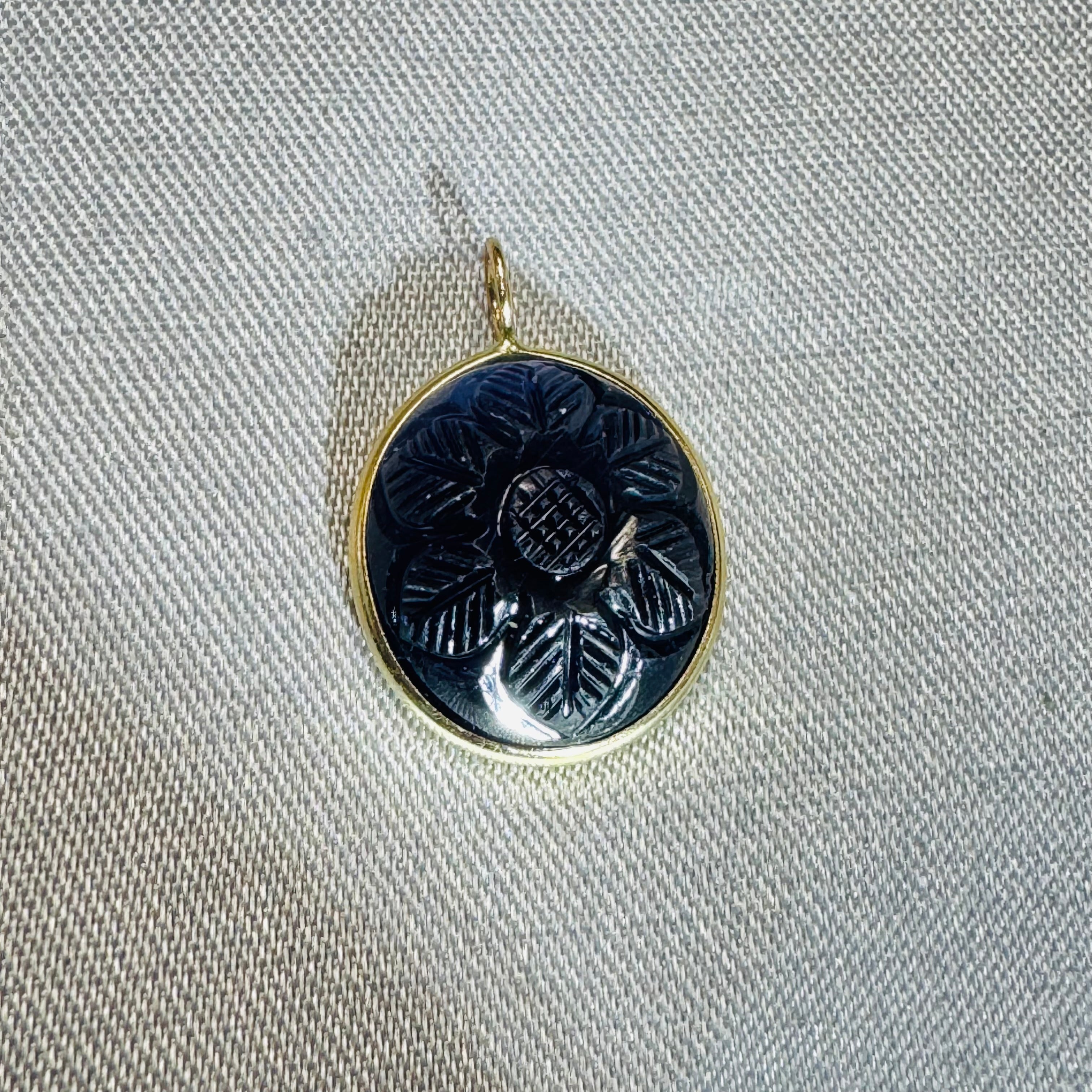 Carved Blue Iolite Pendant 14K Yellow Gold