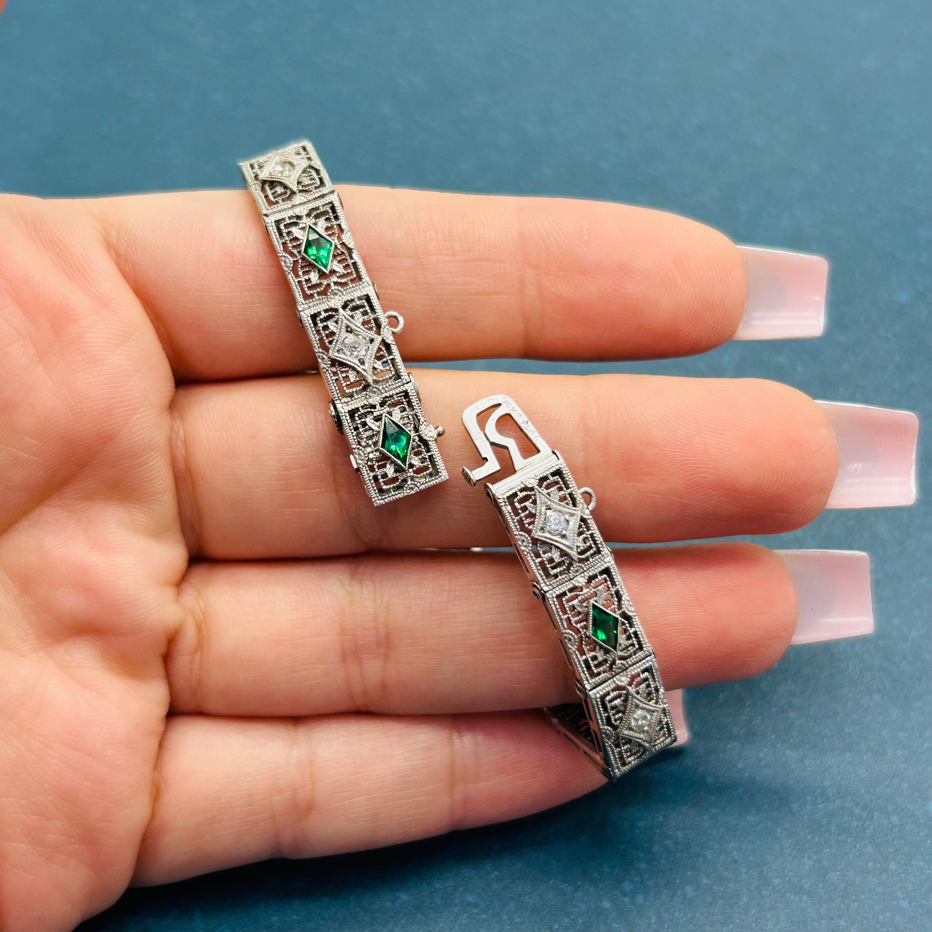 Art Deco 14K White Gold Natural Diamonds and Synthetic Emeralds 7” Bracelet