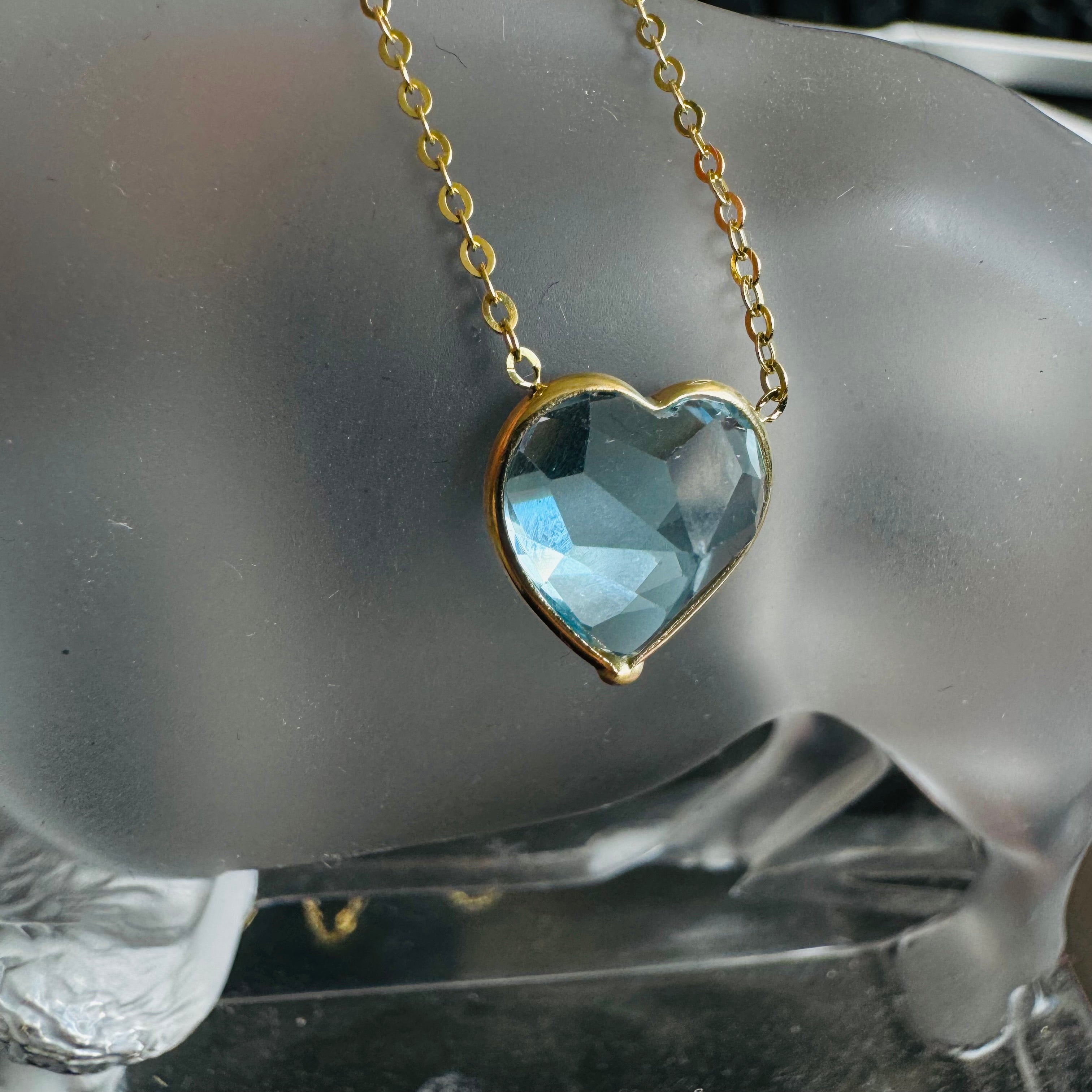 Natural Heart Blue Topaz 14K Yellow Gold Solitaire Necklace 16”- 18"