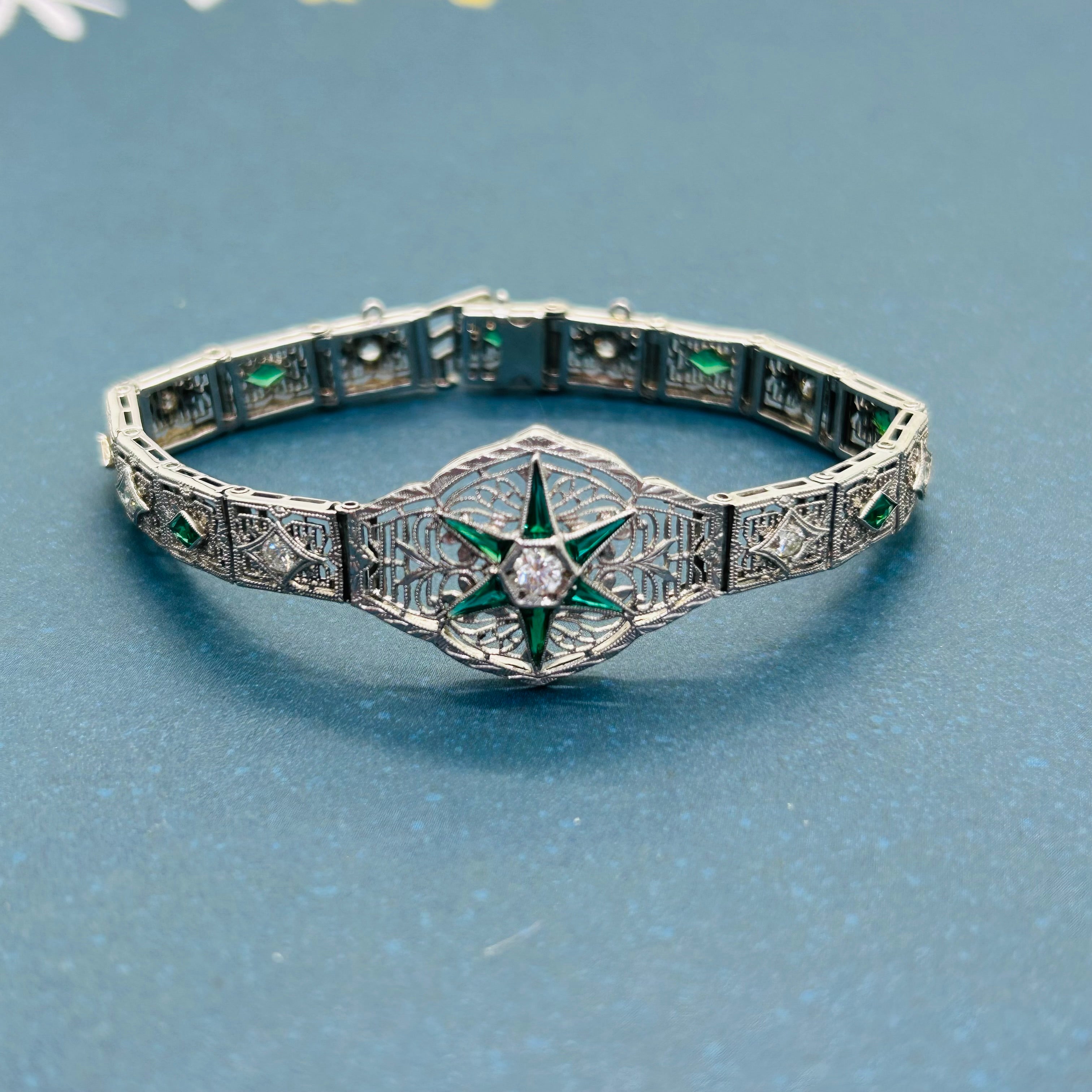 Art Deco 14K White Gold Natural Diamonds and Synthetic Emeralds 7” Bracelet