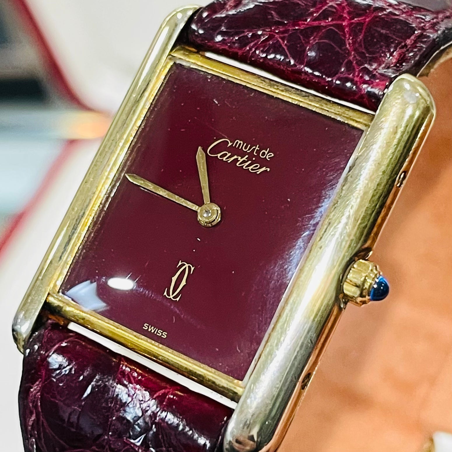 Must de Cartier Burgundy Wine Face and Strap Tank Watch 23mm