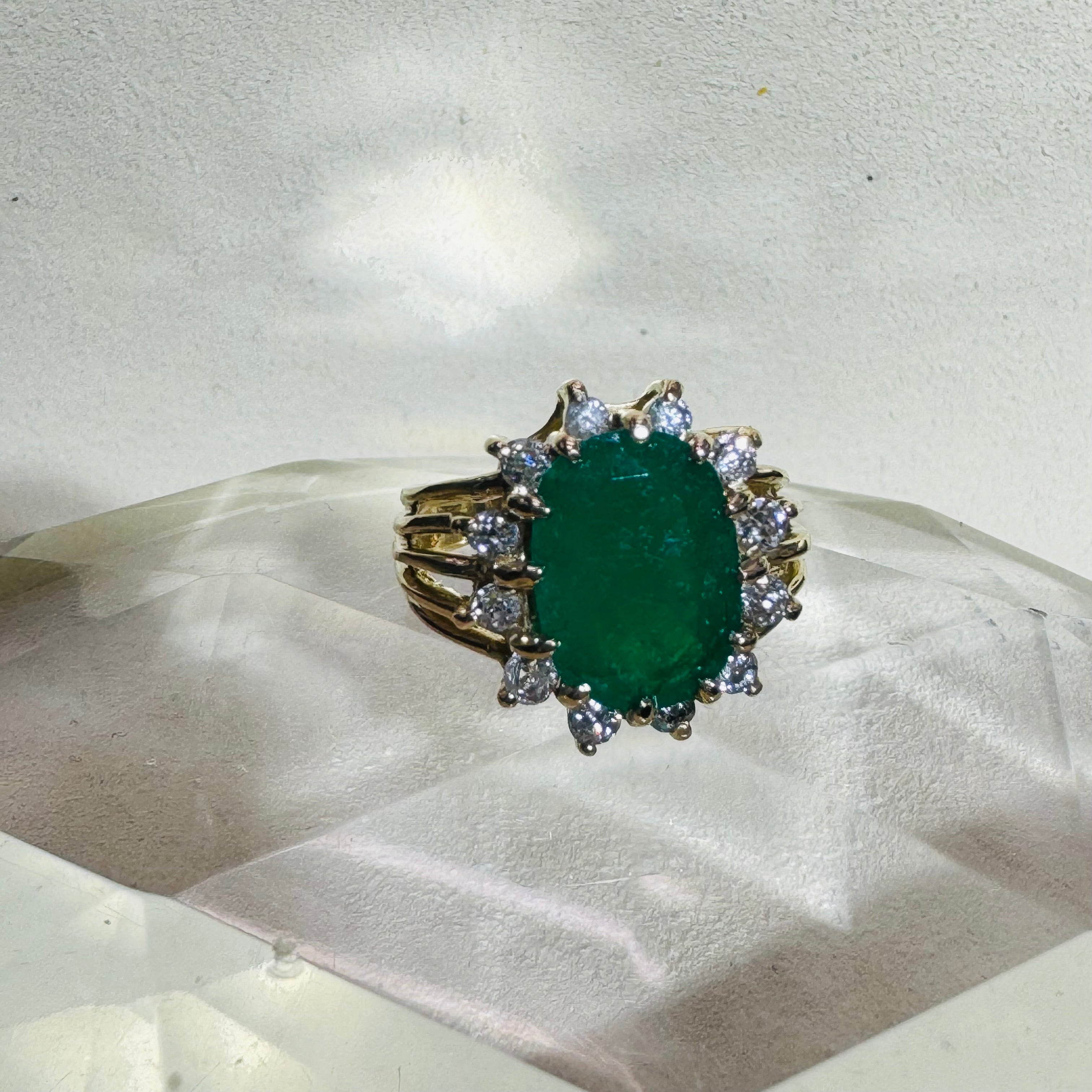 Solid 14K Yellow Gold Emerald and Diamond Ring Size 5.5