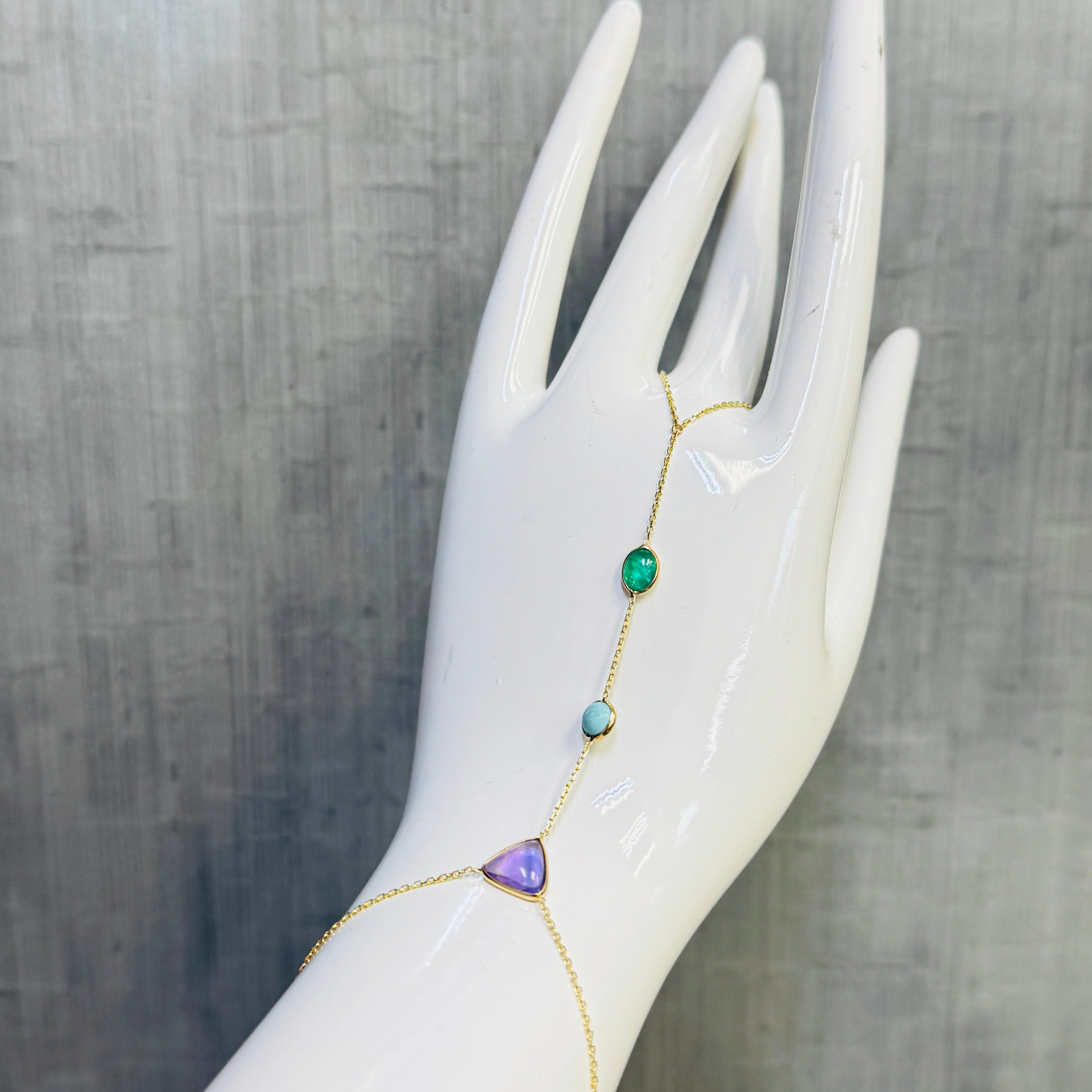 Emerald Turquoise Amethyst Cabochon 14K Yellow Gold Handchain
