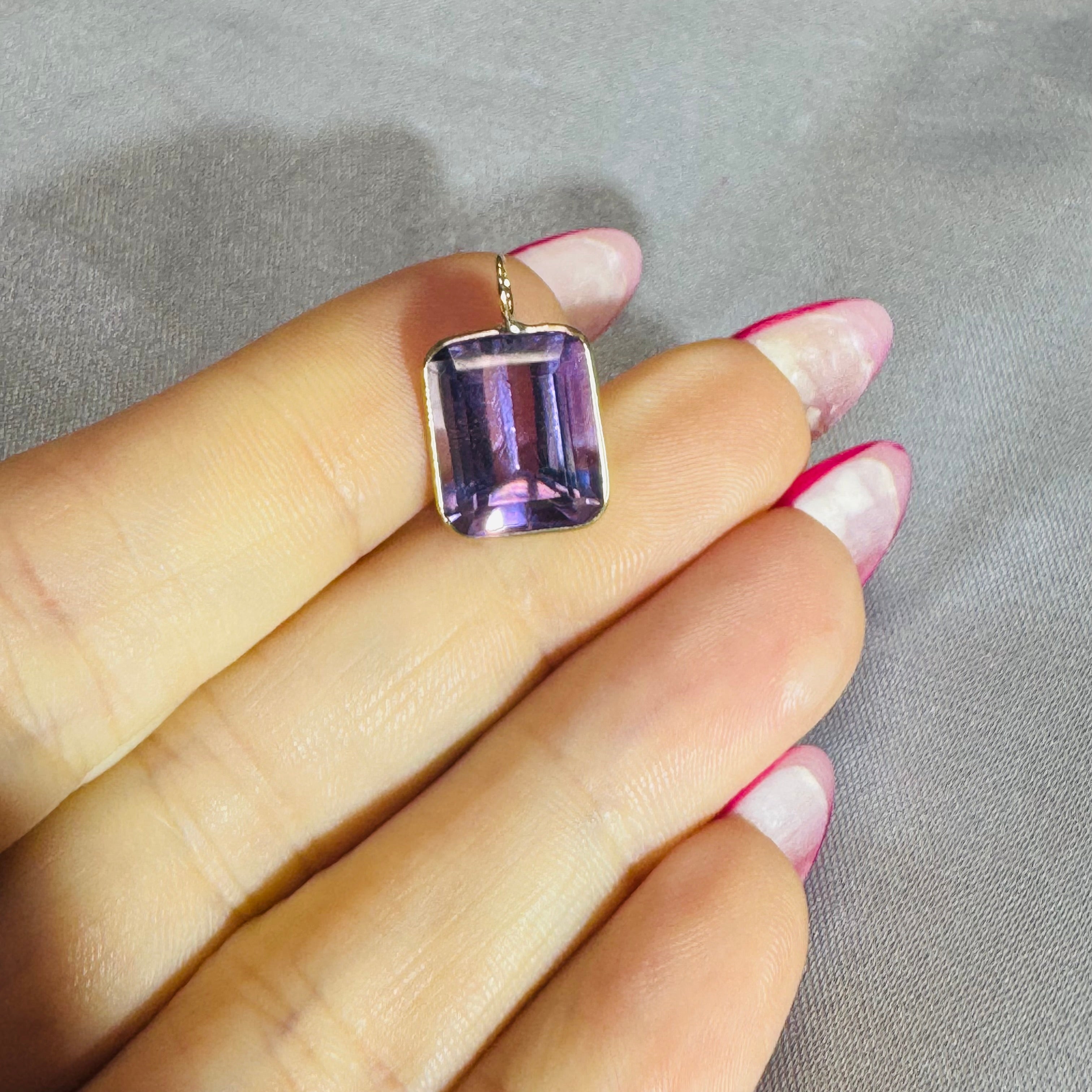 5CT Emerald Cut Amethyst Pendant 14K Yellow Gold