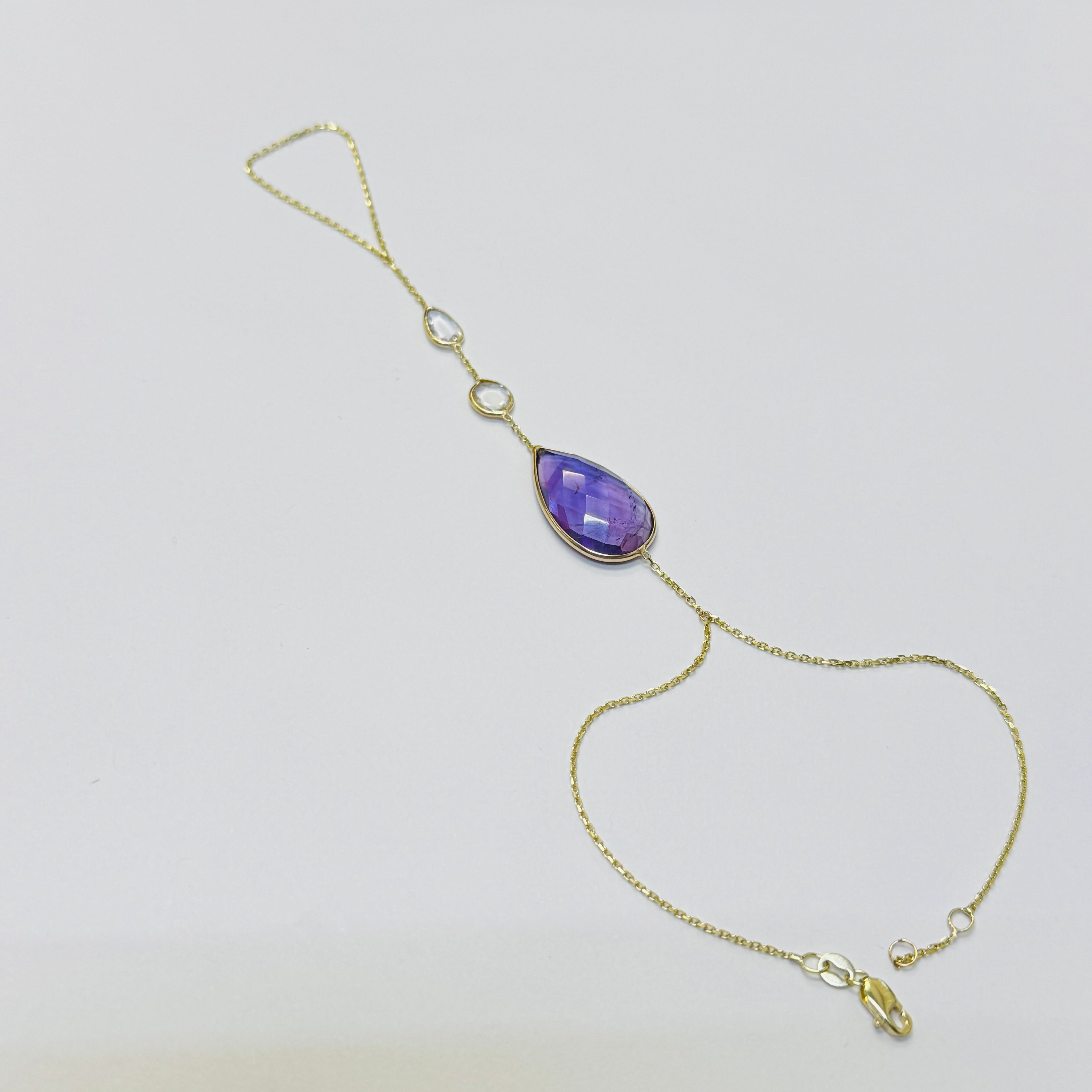 14K Yellow Gold Rose Cut White Sapphire and Amethyst Handchain