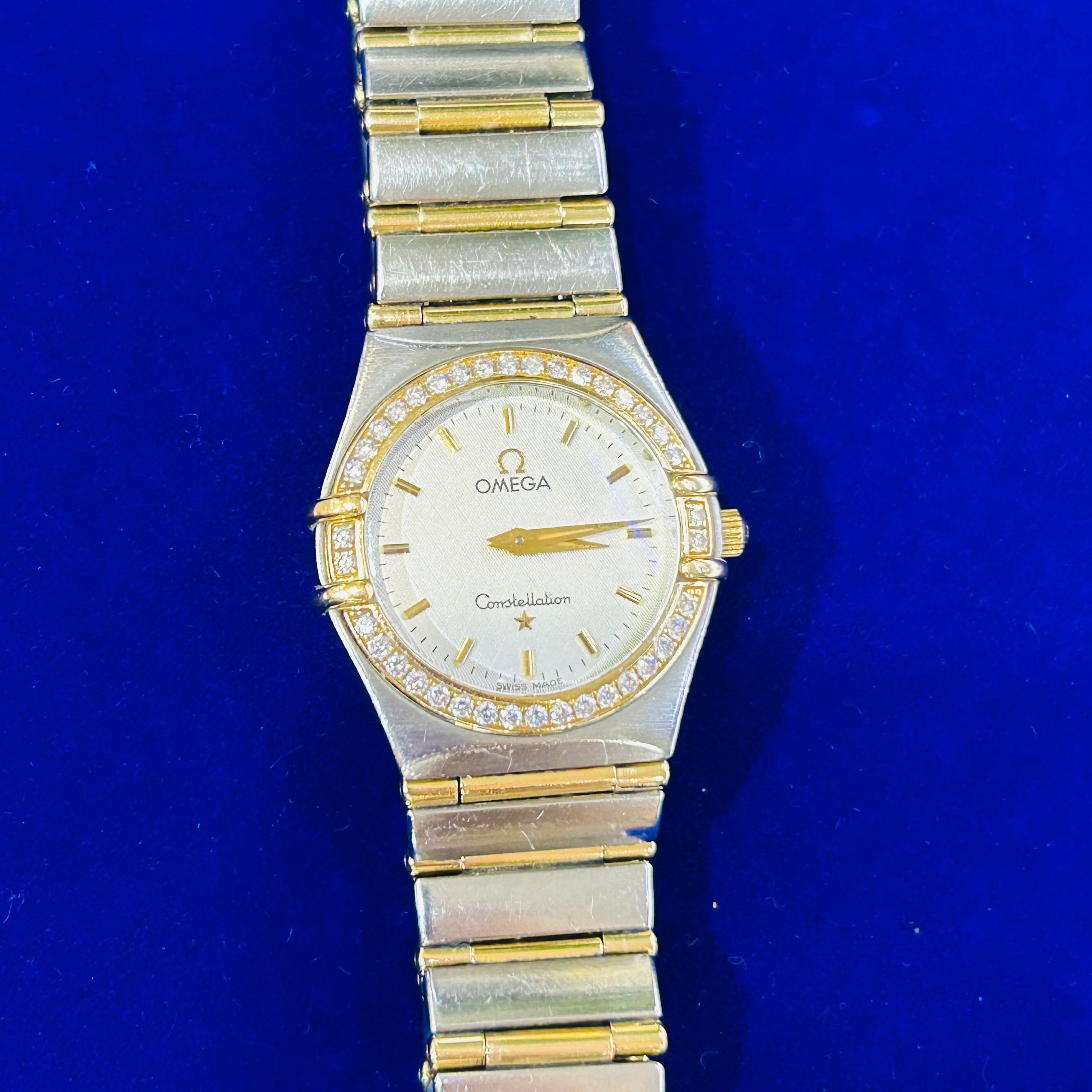 Omega Constellation Quartz  18k Yellow Gold Steel 25mm Diamond Bezel  6.5"