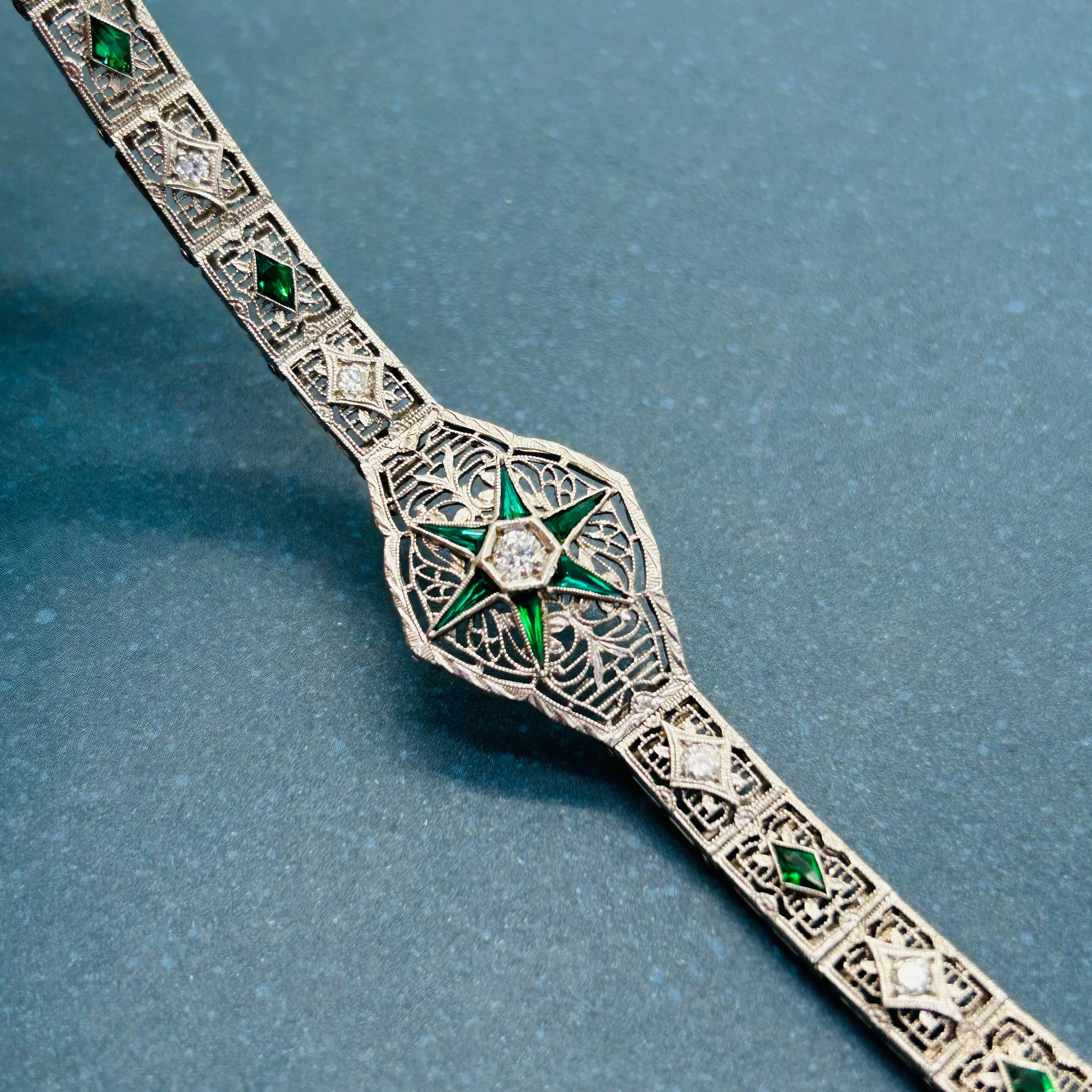 Art Deco 14K White Gold Natural Diamonds and Synthetic Emeralds 7” Bracelet