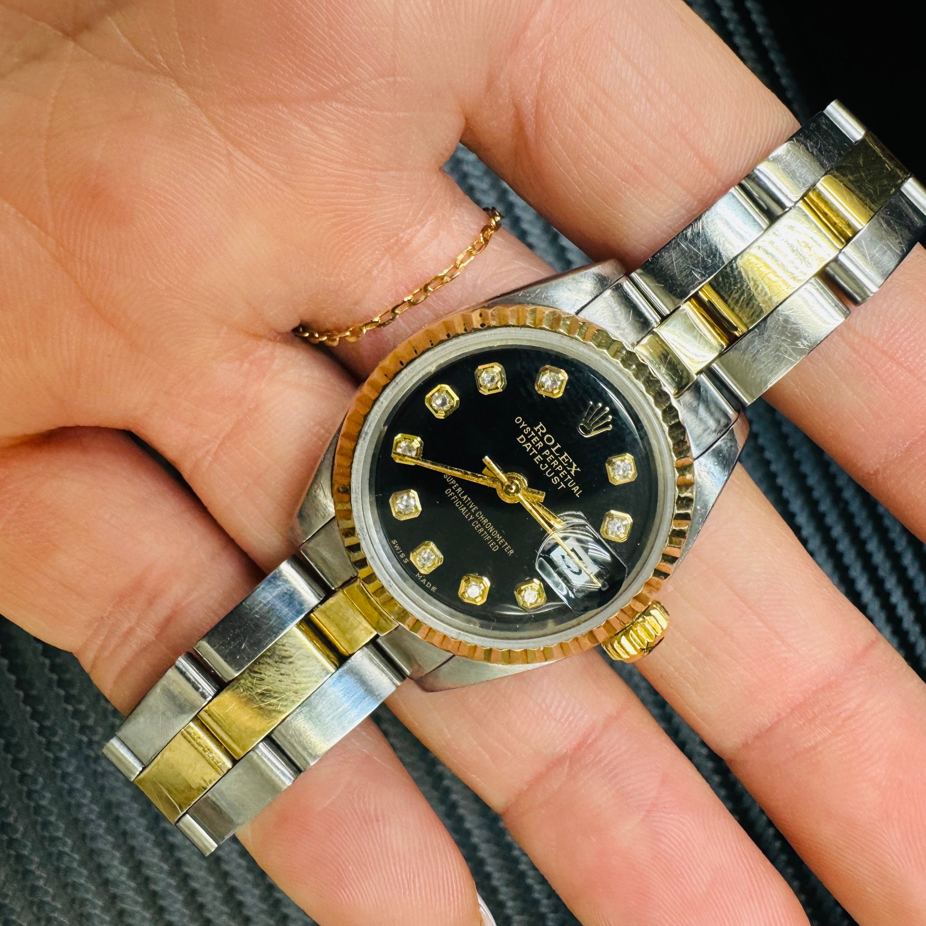 26mm Ladies Two Tone Rolex Oyster Band with Black Dial