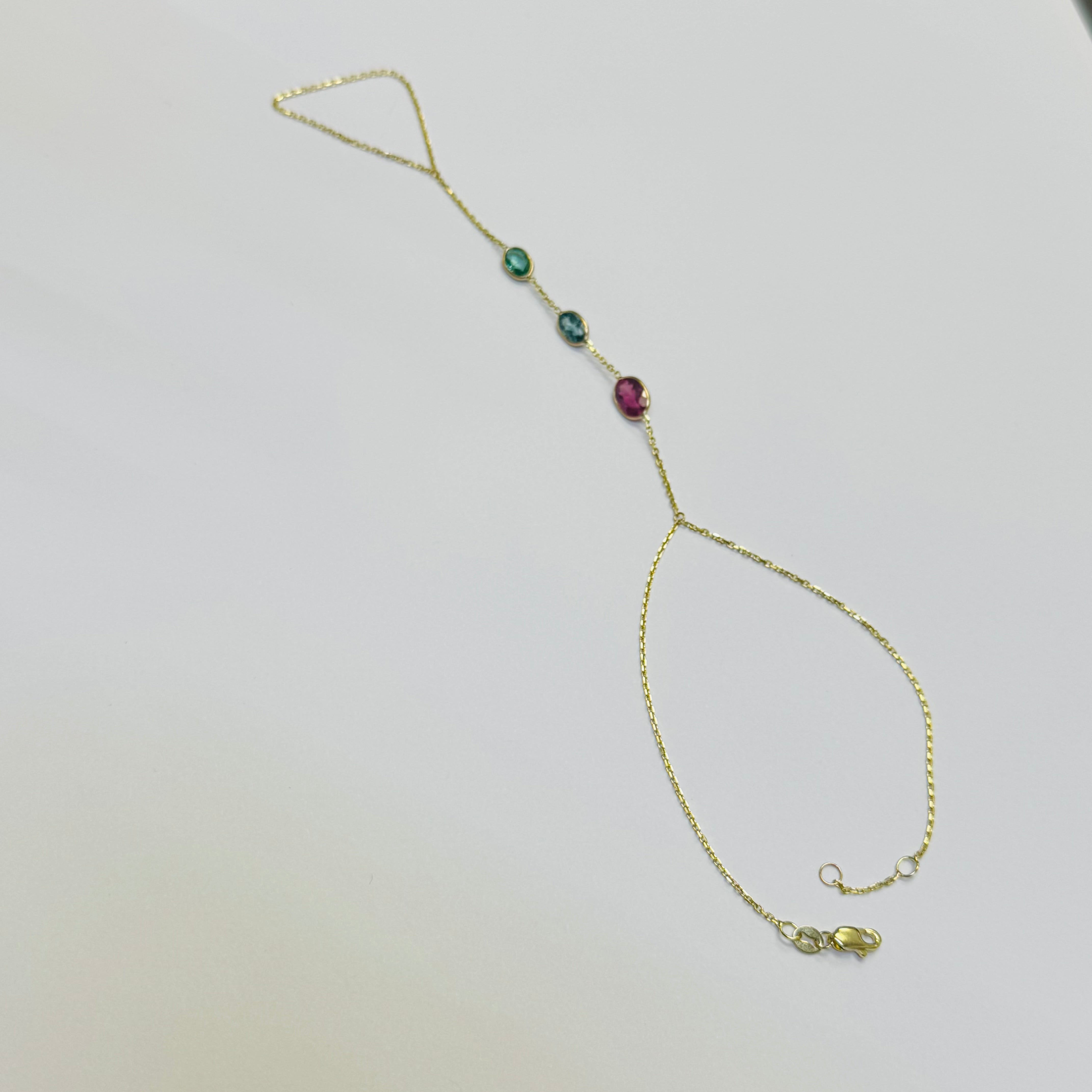 14K Yellow Gold Multi Green and Pink Tourmaline Handchain