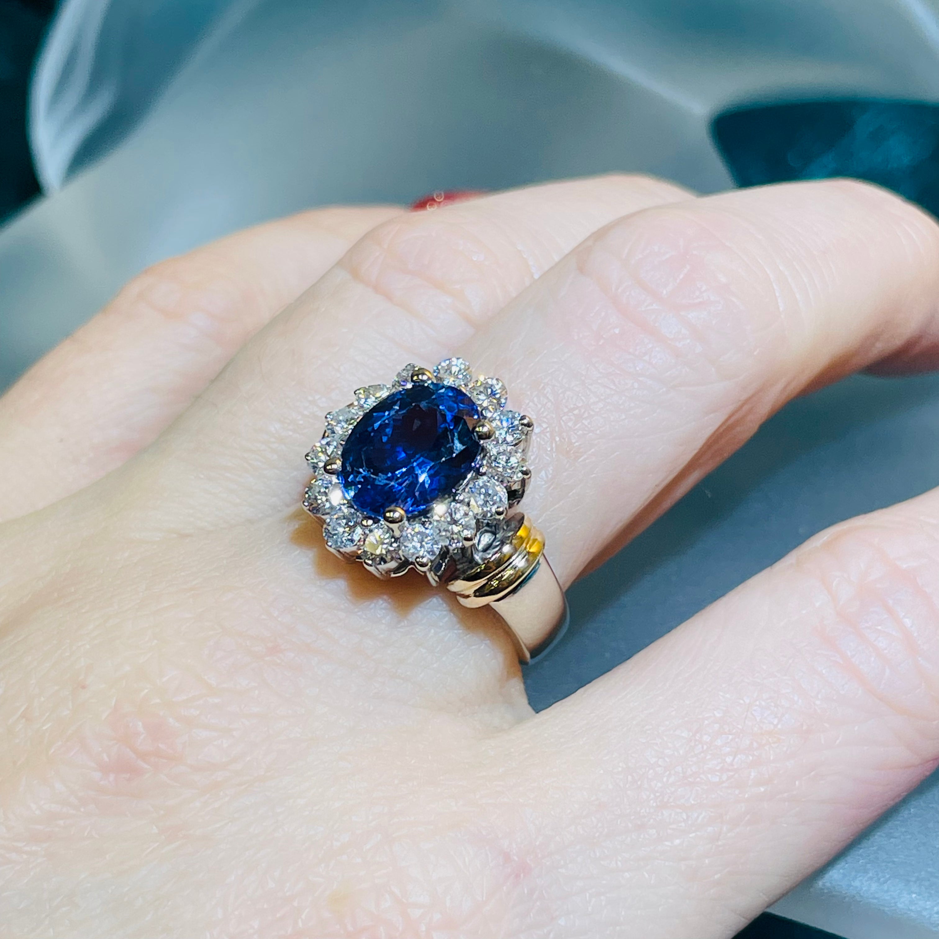 Magnificent Tanzanite and Diamond Halo Cocktail Ring 18K White Gold