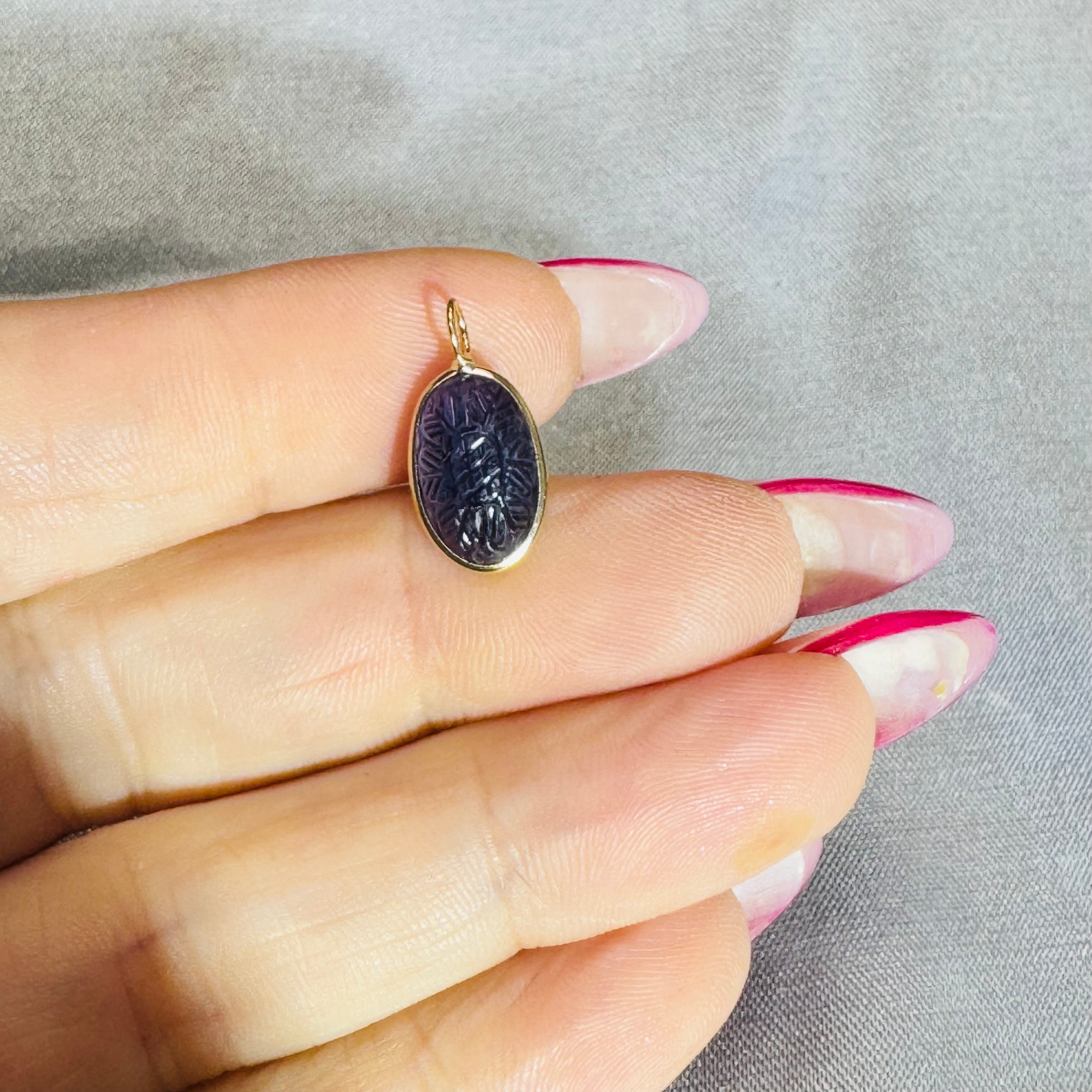Carved Blue Iolite Pendant 14K Yellow Gold