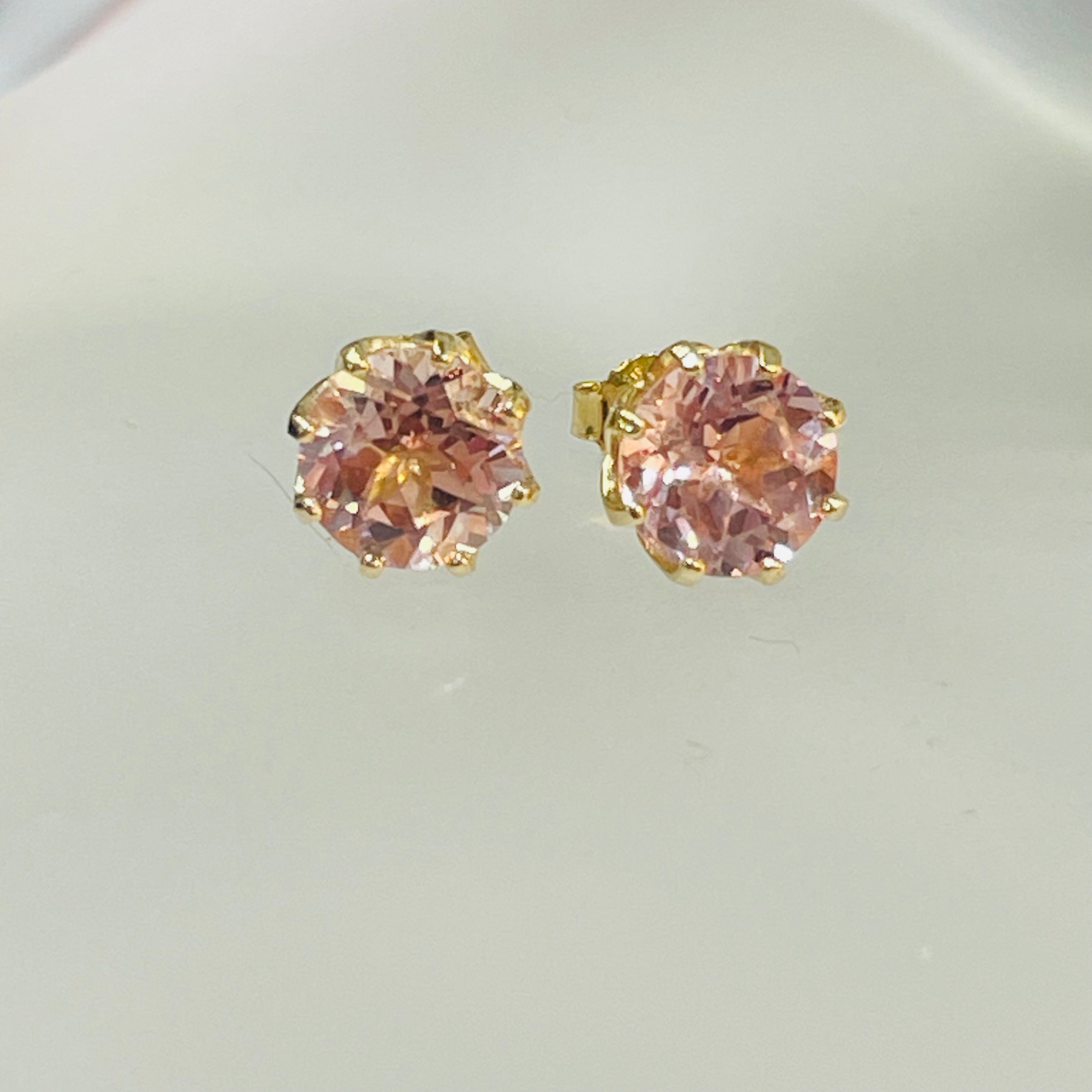 Natural Pink Morganite 9mm Solid 14K Yellow Gold Stud Earrings