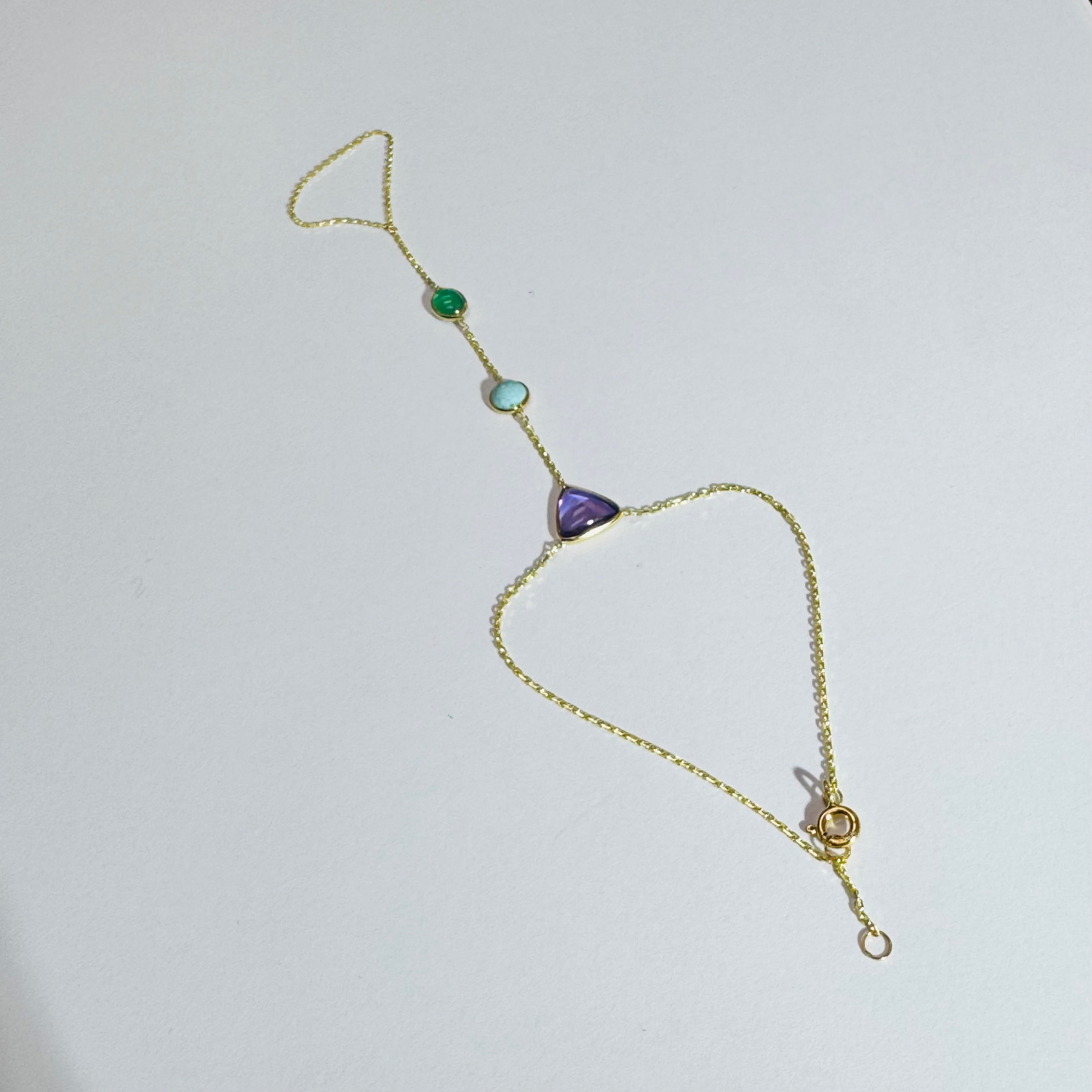 Emerald Turquoise Amethyst Cabochon 14K Yellow Gold Handchain
