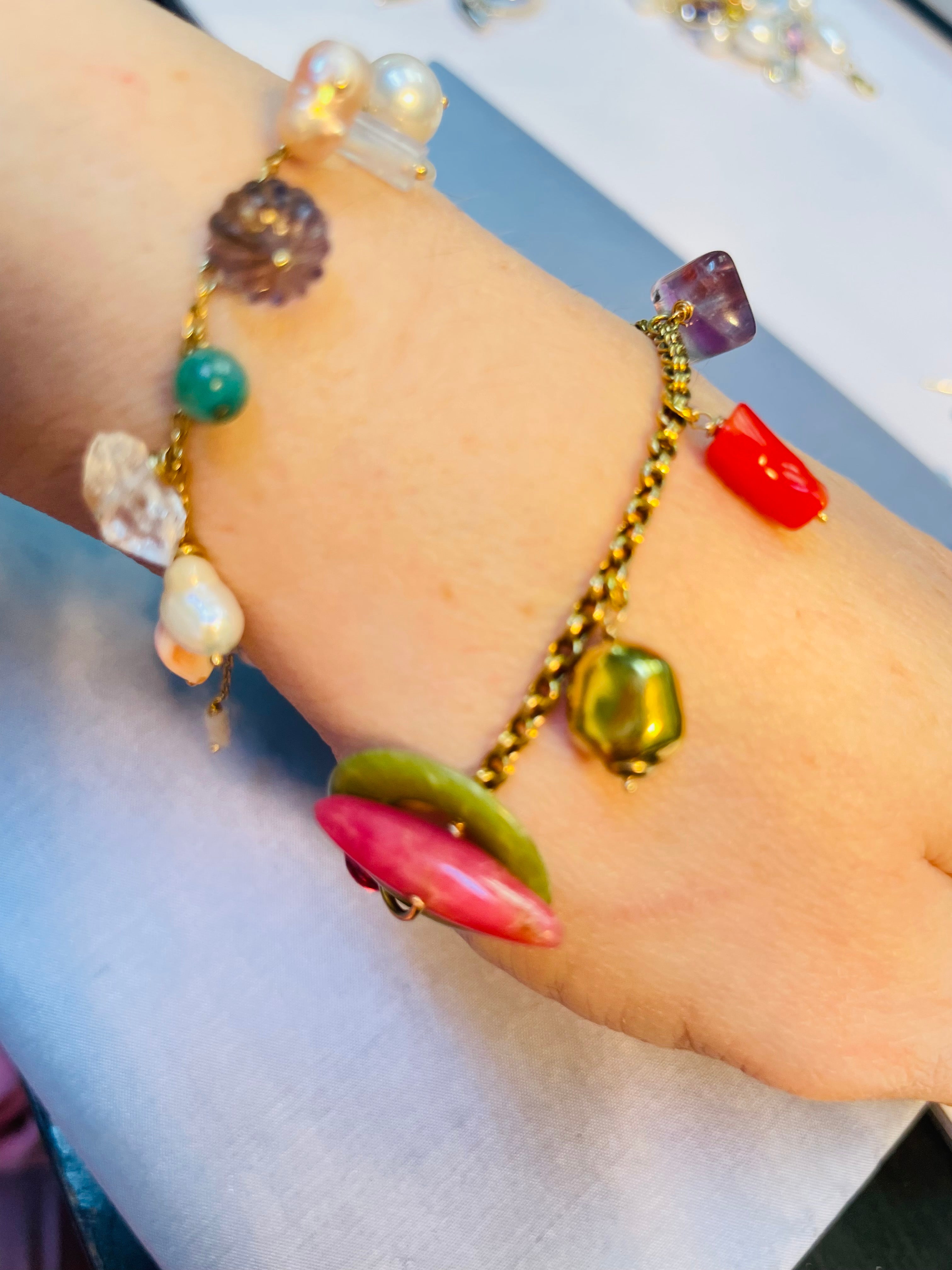 Gem Garden Solid 14K Yellow Gold Multi Gem Pastel Charm Bracelet