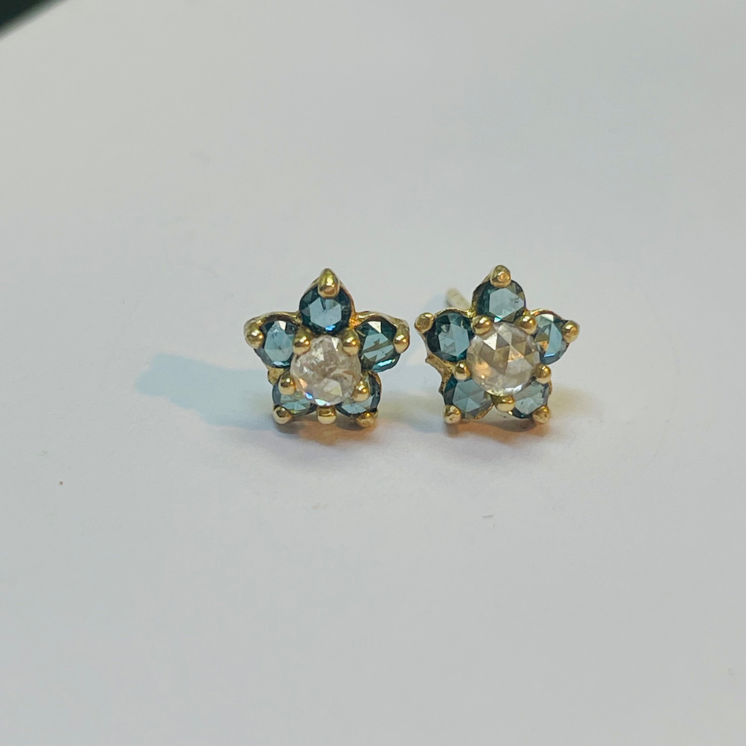 Rose Cut Blue Diamond Stud Earrings 14K Yellow Gold