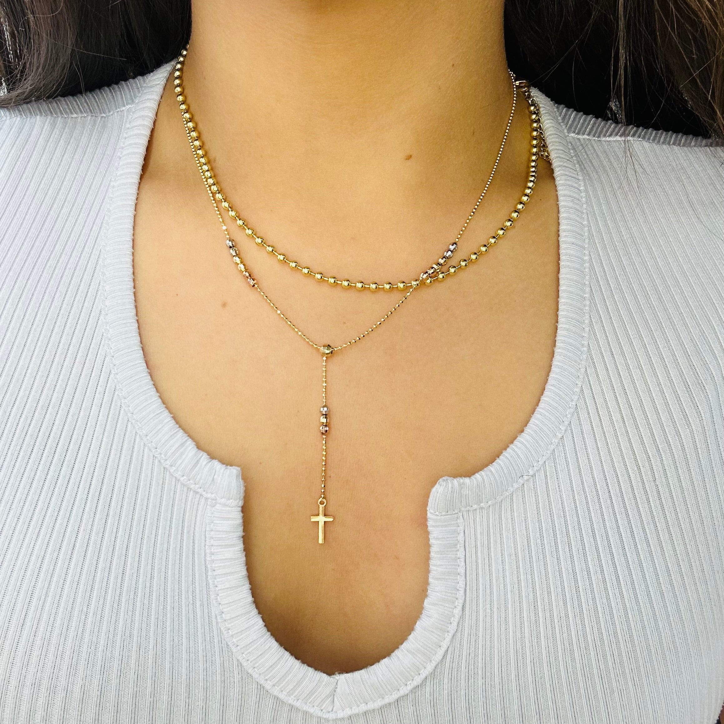 Tri Color 14K Gold 17” Rosary Necklace