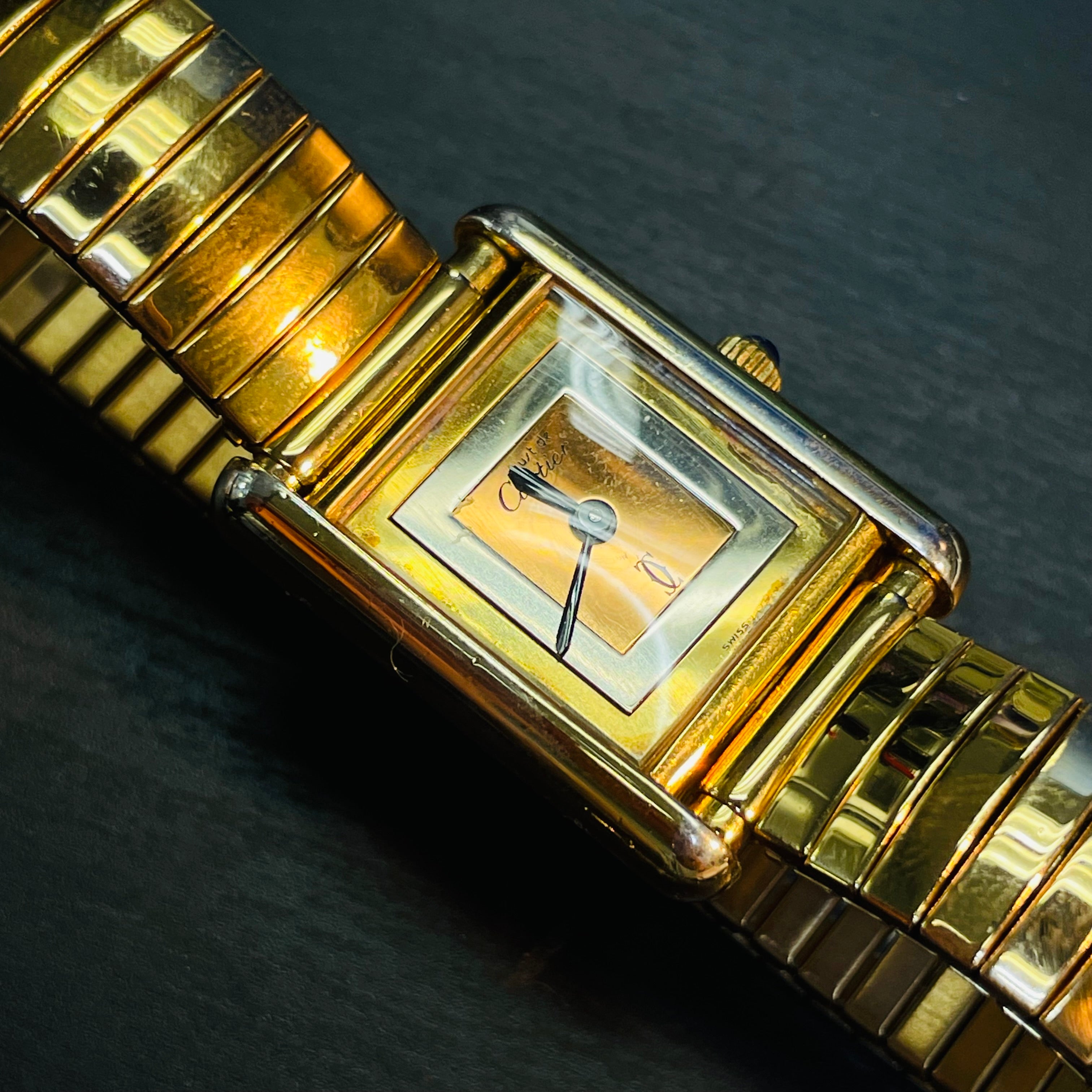 20x26mm Tri Tone Gold Vermeil Must de Cartier Tank Watch with Tubogas Stretch Band