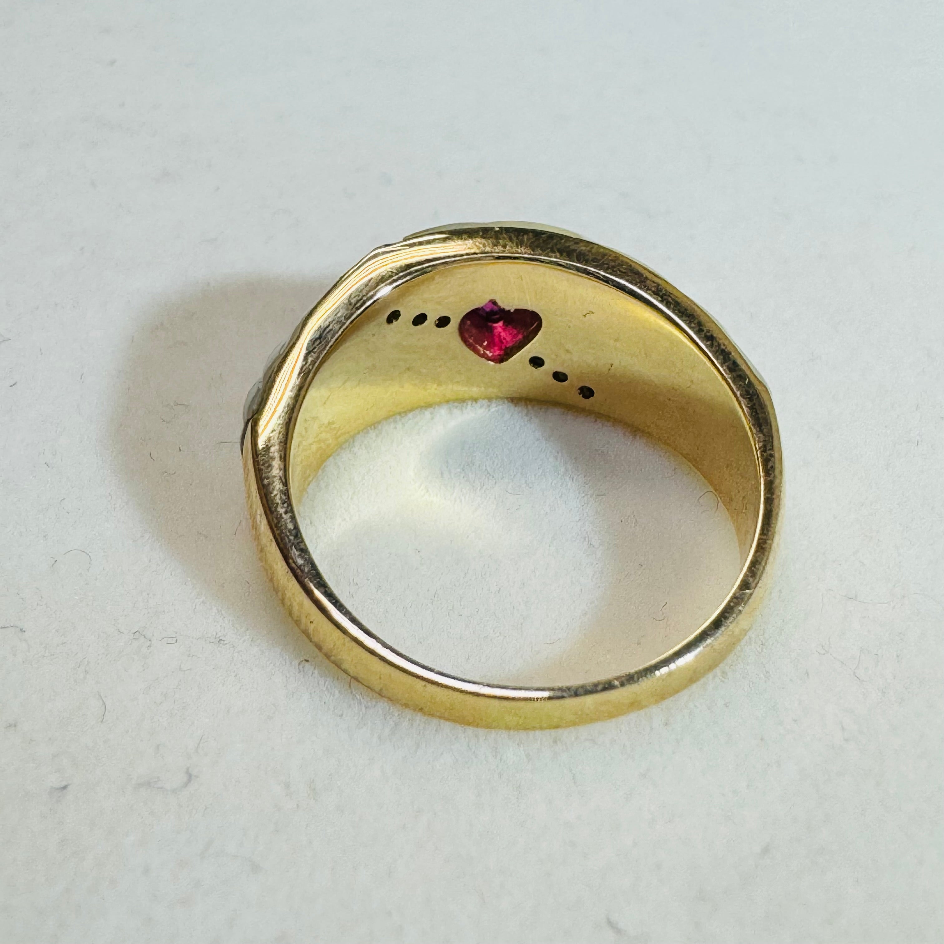 14k Yellow Gold Diamond Mother of Pearl and Ruby Heart Ring Size 7