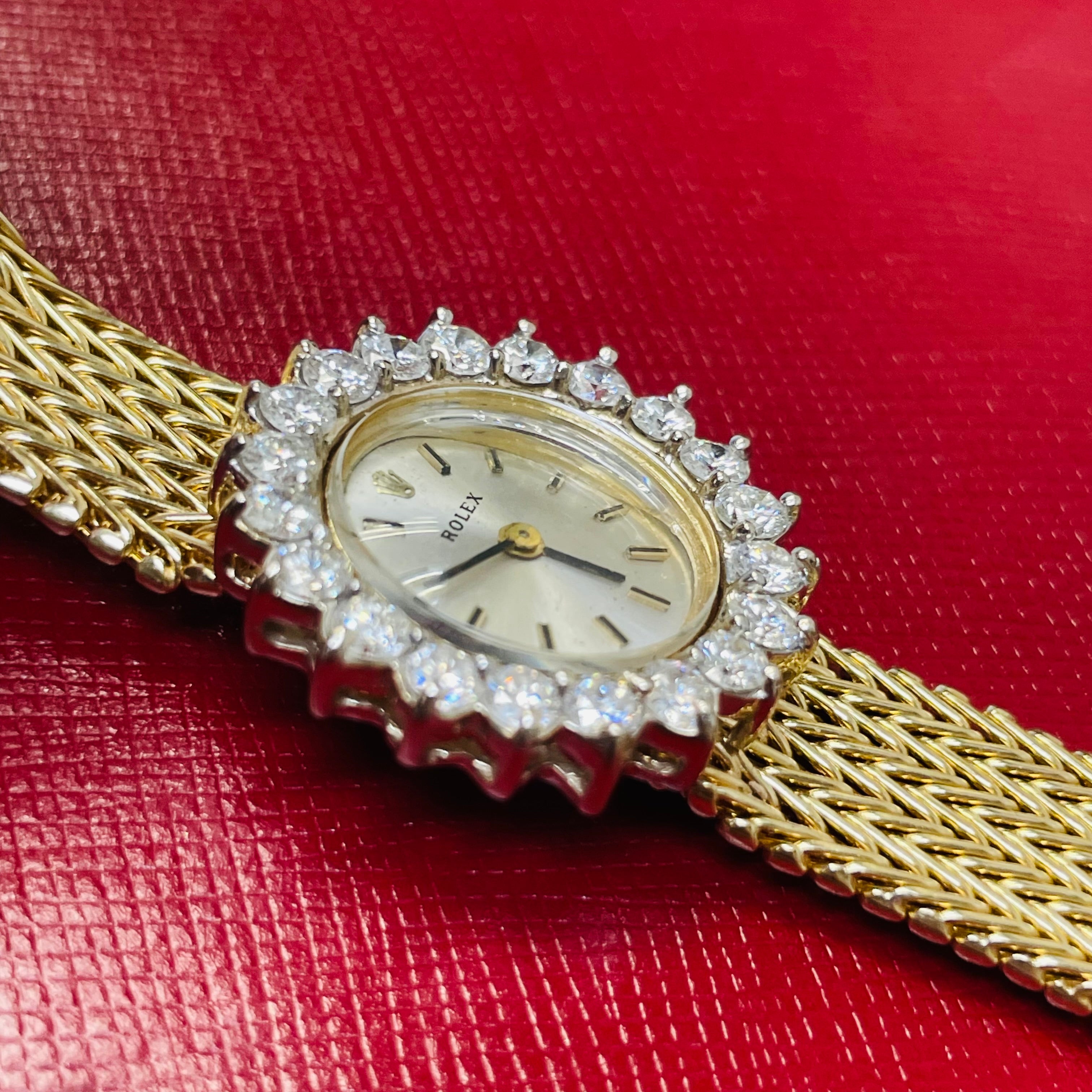 25mm Vintage Ladies Rolex Wristwatch with Factory Diamond Halo Bezel in Solid 14K Yellow Gold