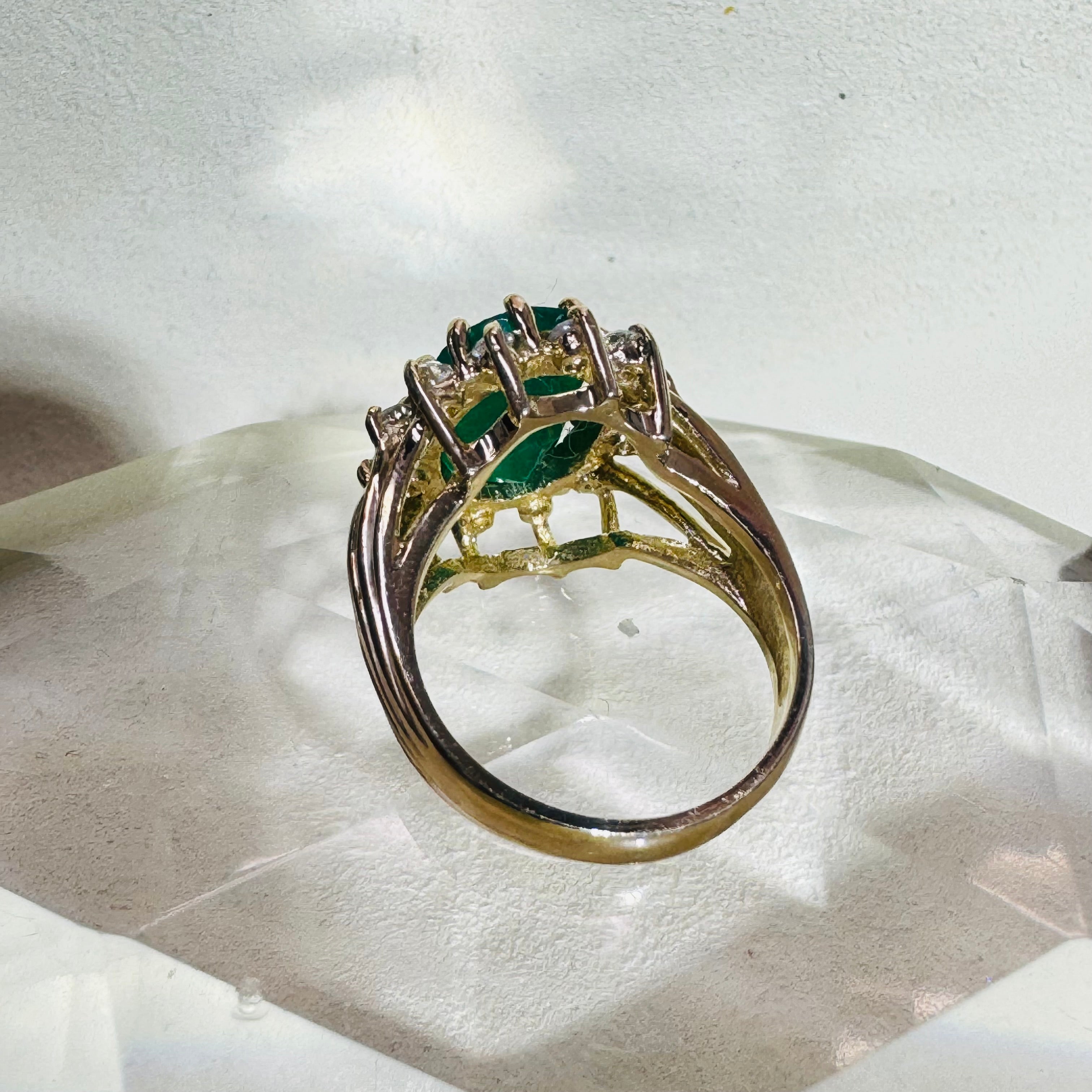 Solid 14K Yellow Gold Emerald and Diamond Ring Size 5.5