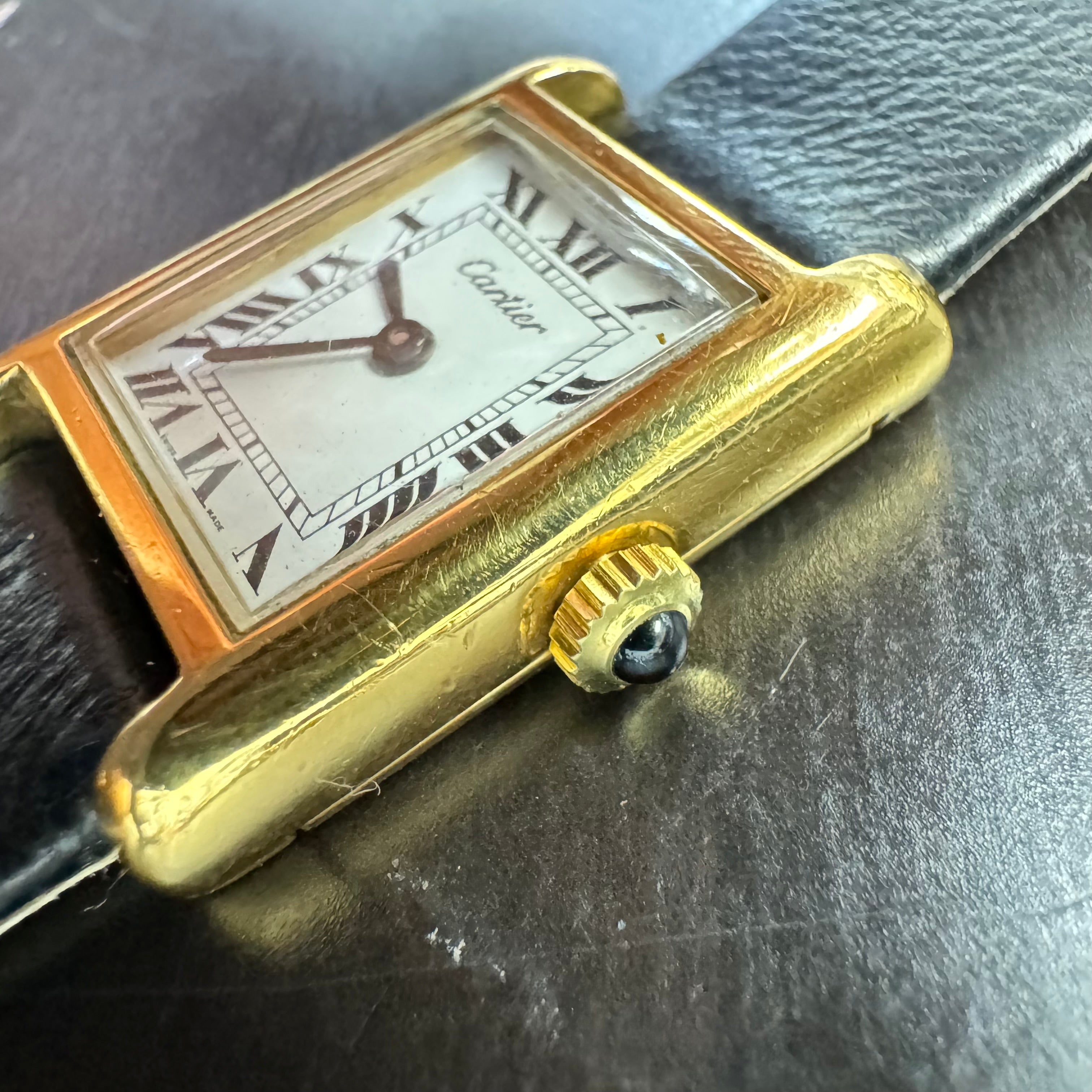 23mm Cartier Yellow Gold Vermeil Tank Wrist Watch with White Roman Numeral Dial