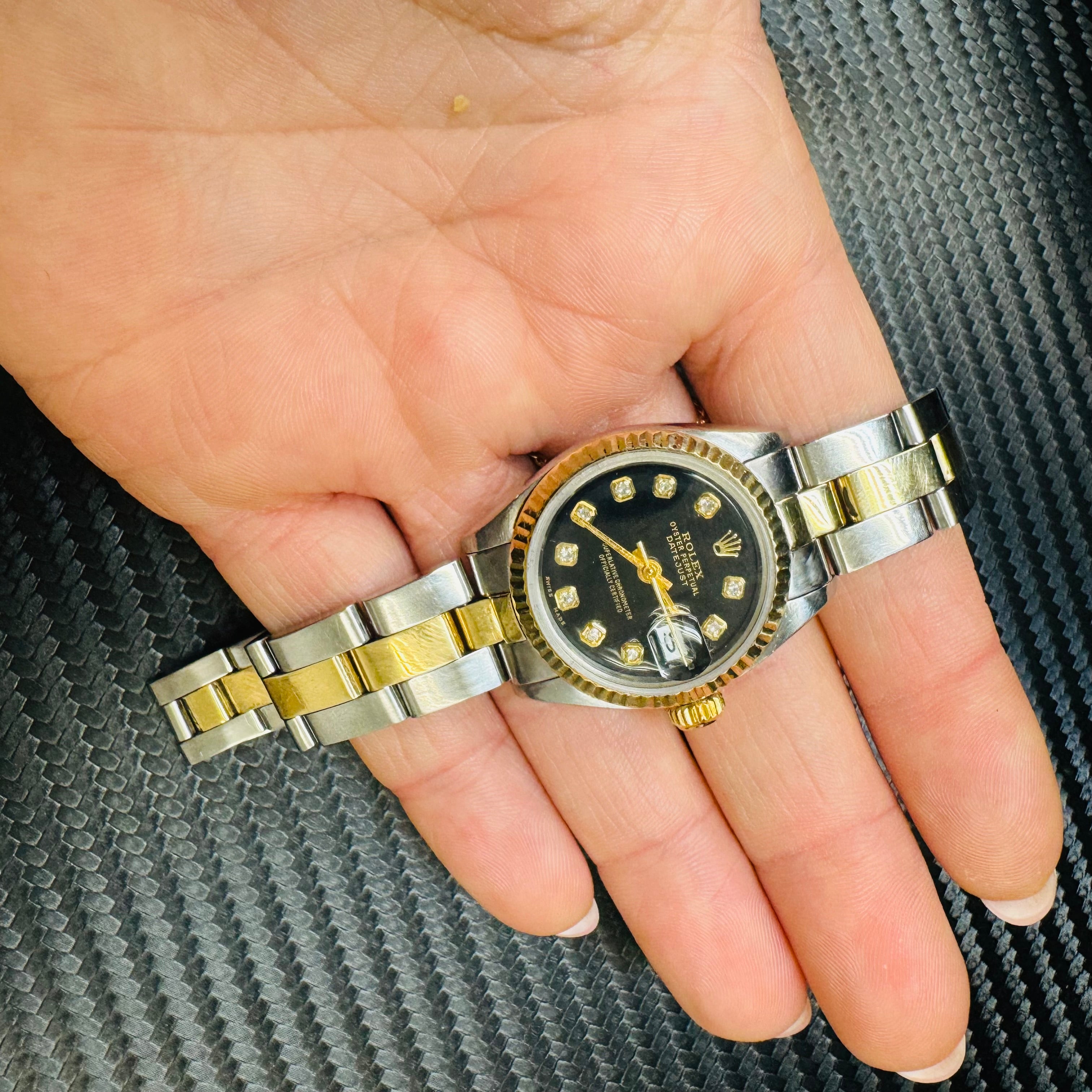 26mm Ladies Two Tone Rolex Oyster Band with Black Dial