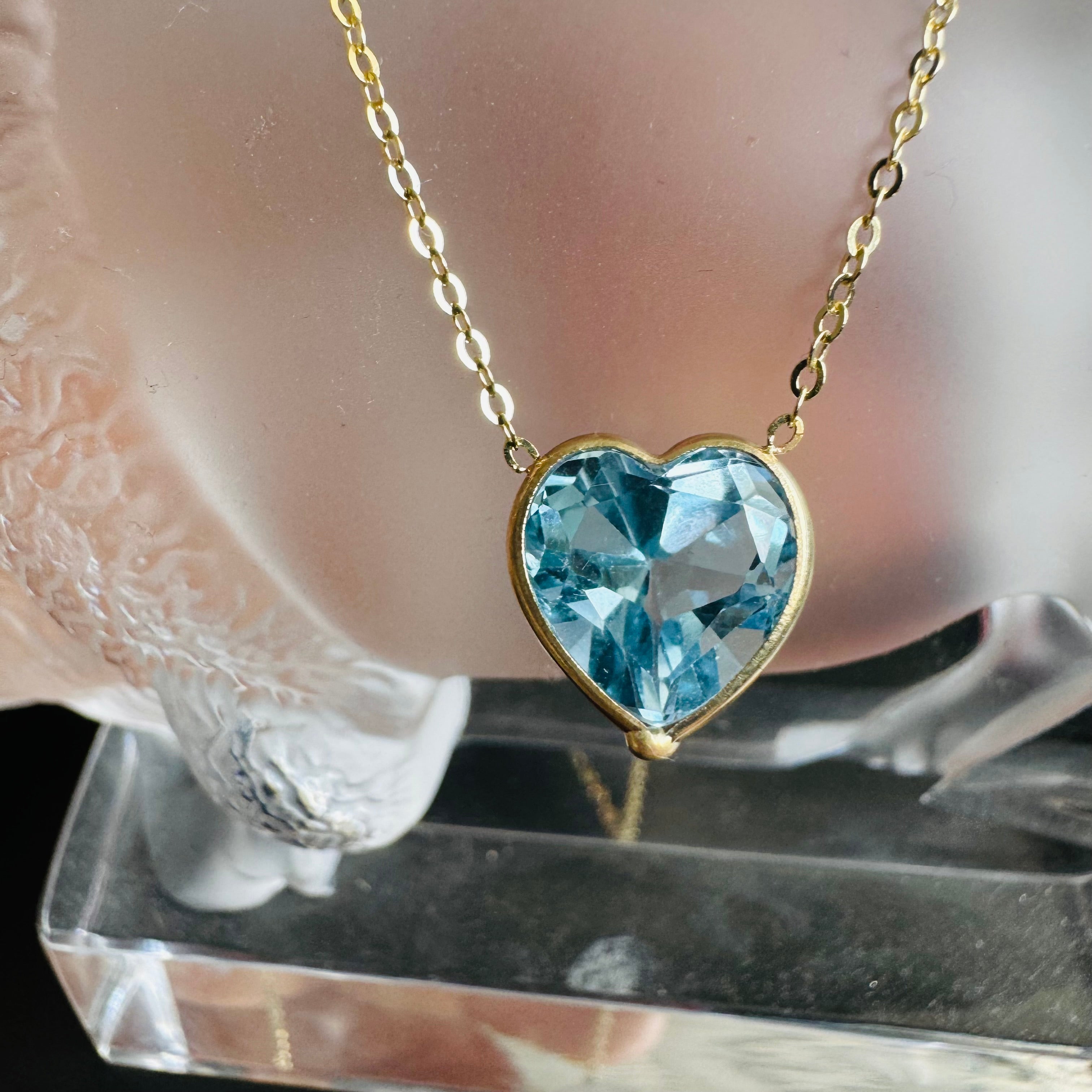 Natural Heart Blue Topaz 14K Yellow Gold Solitaire Necklace 16”- 18"