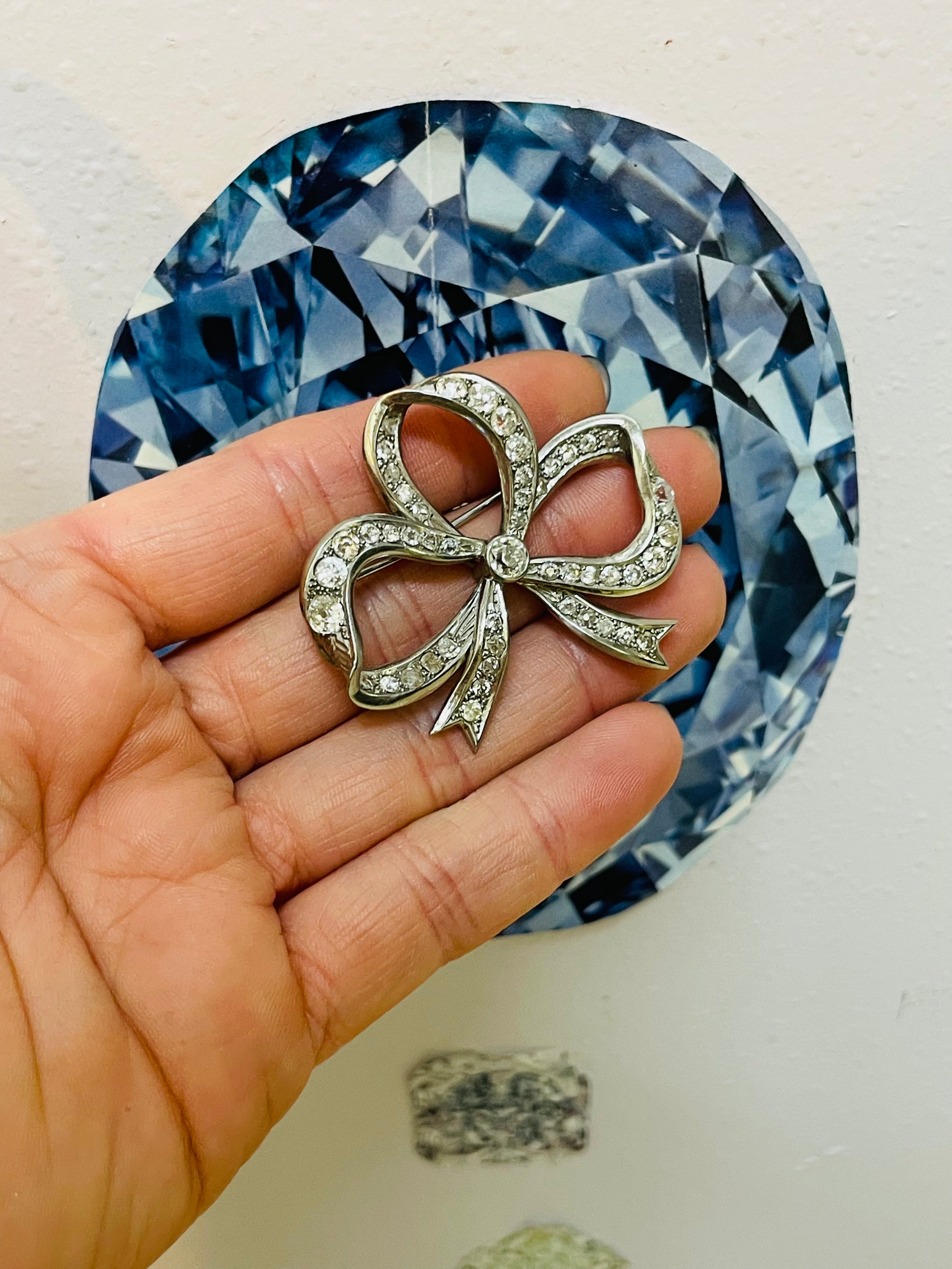 4.35CT Art Deco Platinum and Old Mine Cut Diamond Diamond Large  Bow Pin Pendant