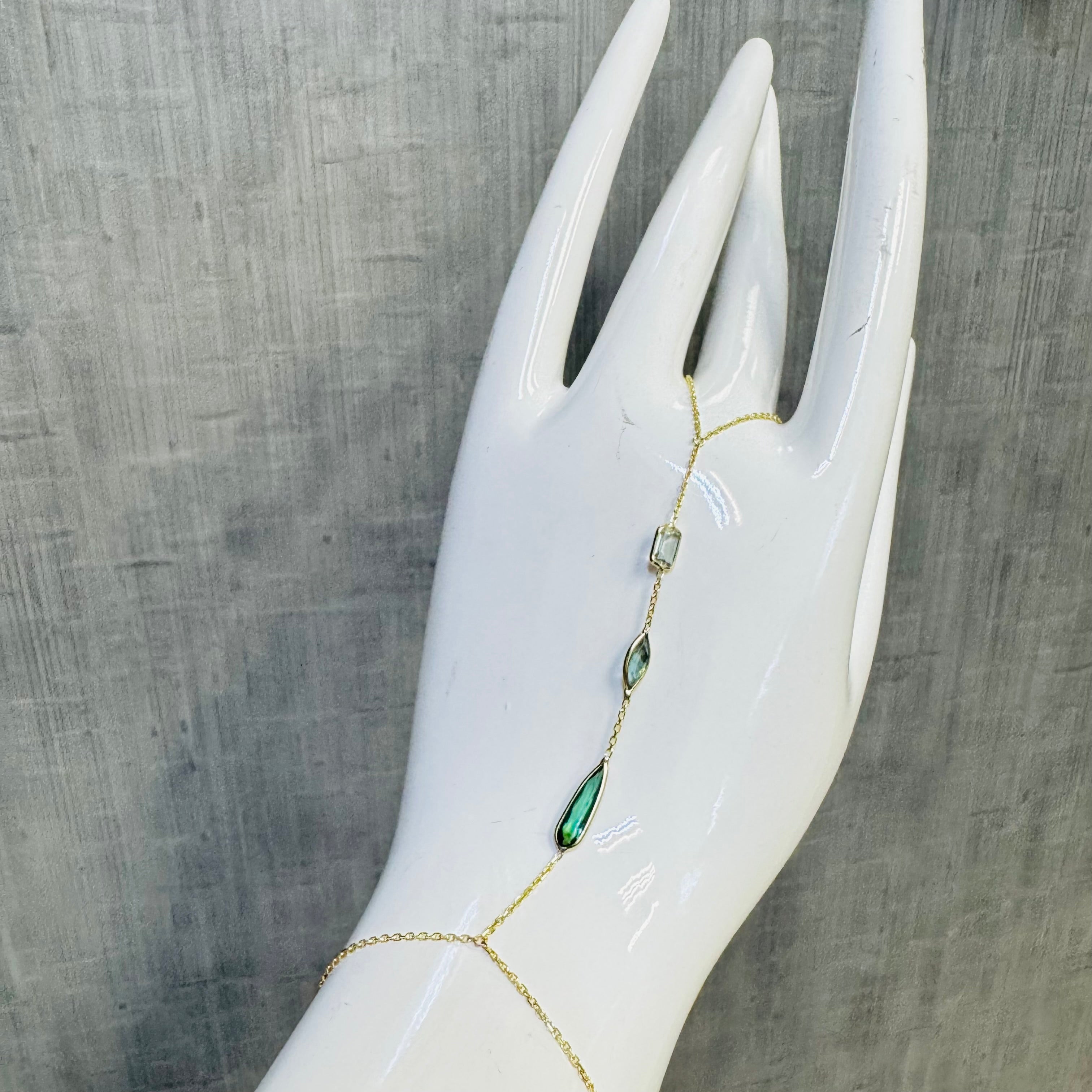 14K Yellow Gold Multi Ombre Green Tourmaline Handchain