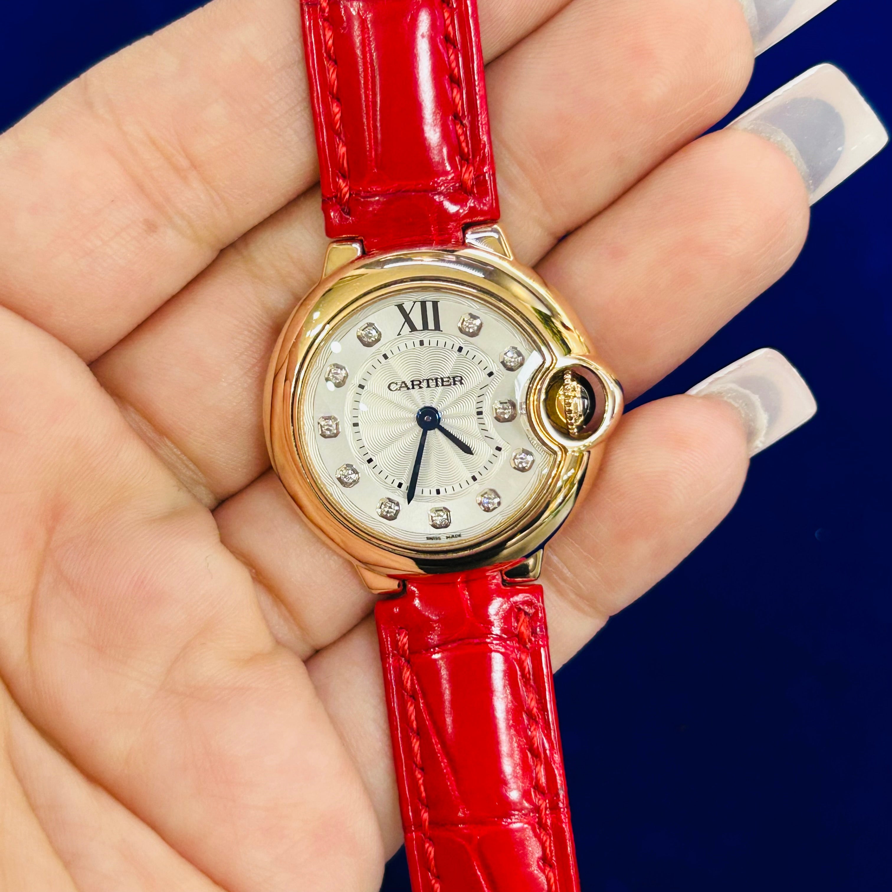 Cartier Ballon Bleu 28MM 18K Rose Gold Leather Strap Quartz 6.5"