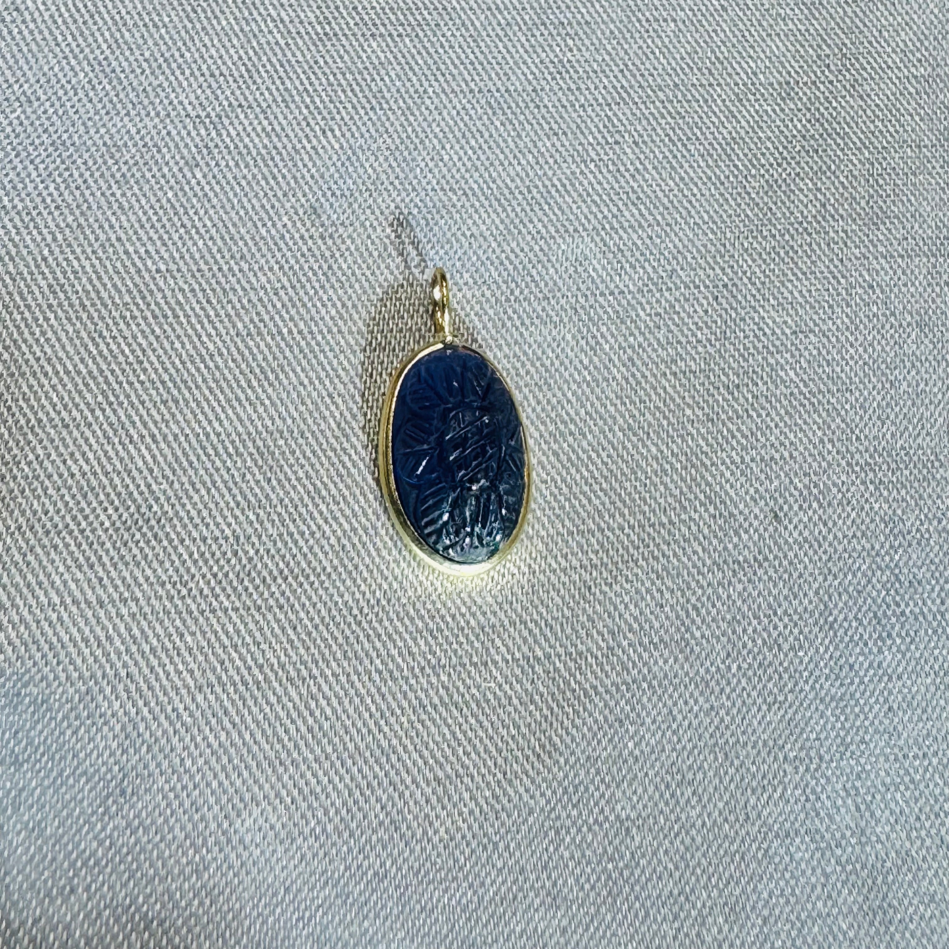 Carved Blue Iolite Pendant 14K Yellow Gold
