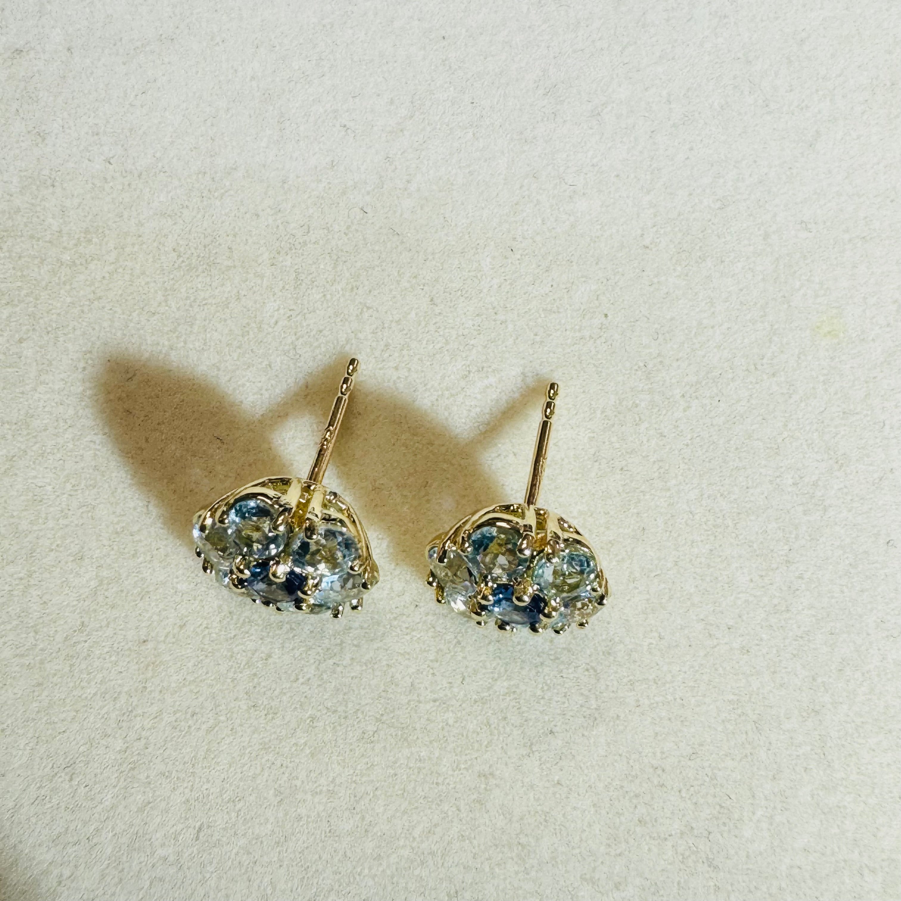 Natural Aquamarine and Sapphire Cluster Flower 14K Yellow Gold Stud Earrings