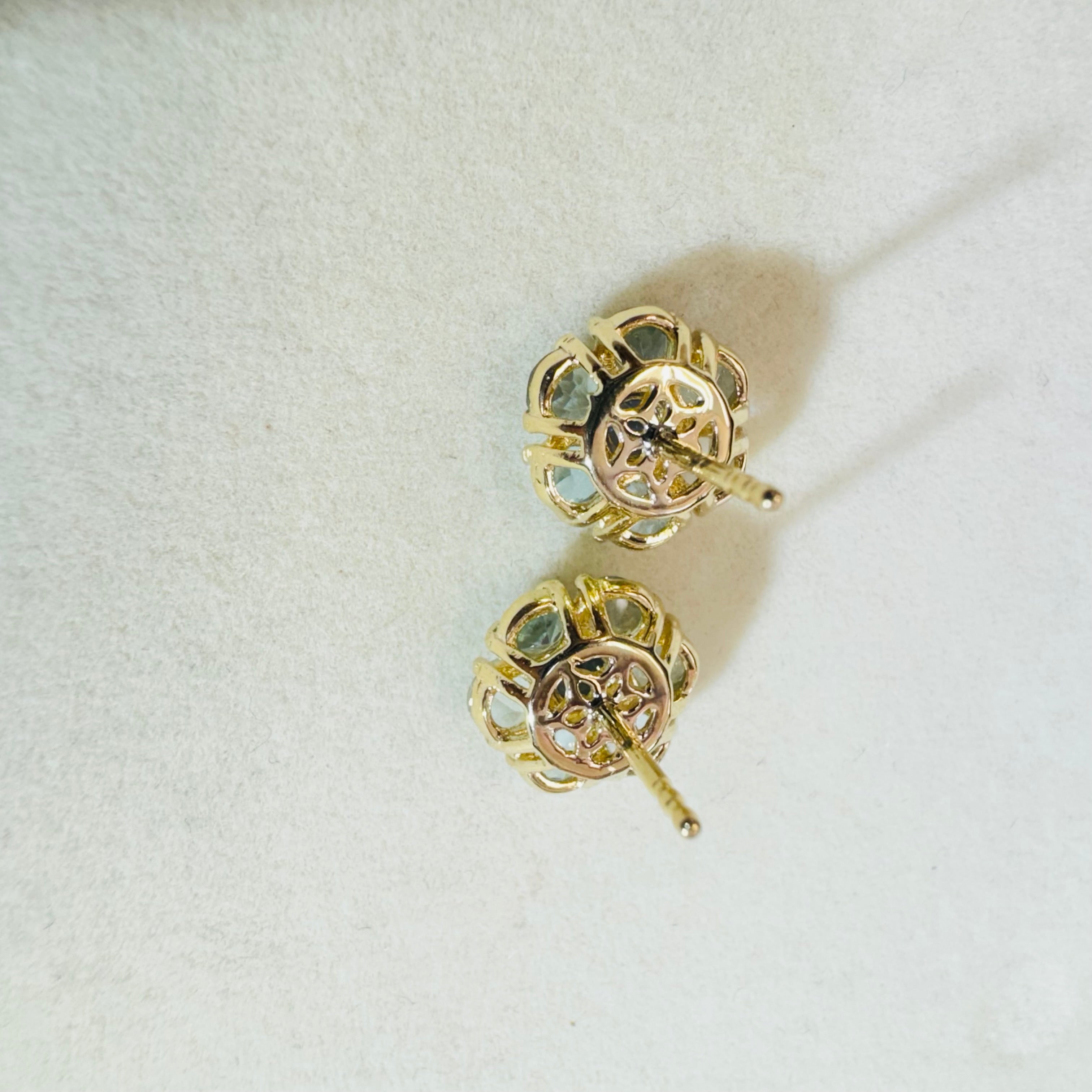 Natural Aquamarine and Sapphire Cluster Flower 14K Yellow Gold Stud Earrings