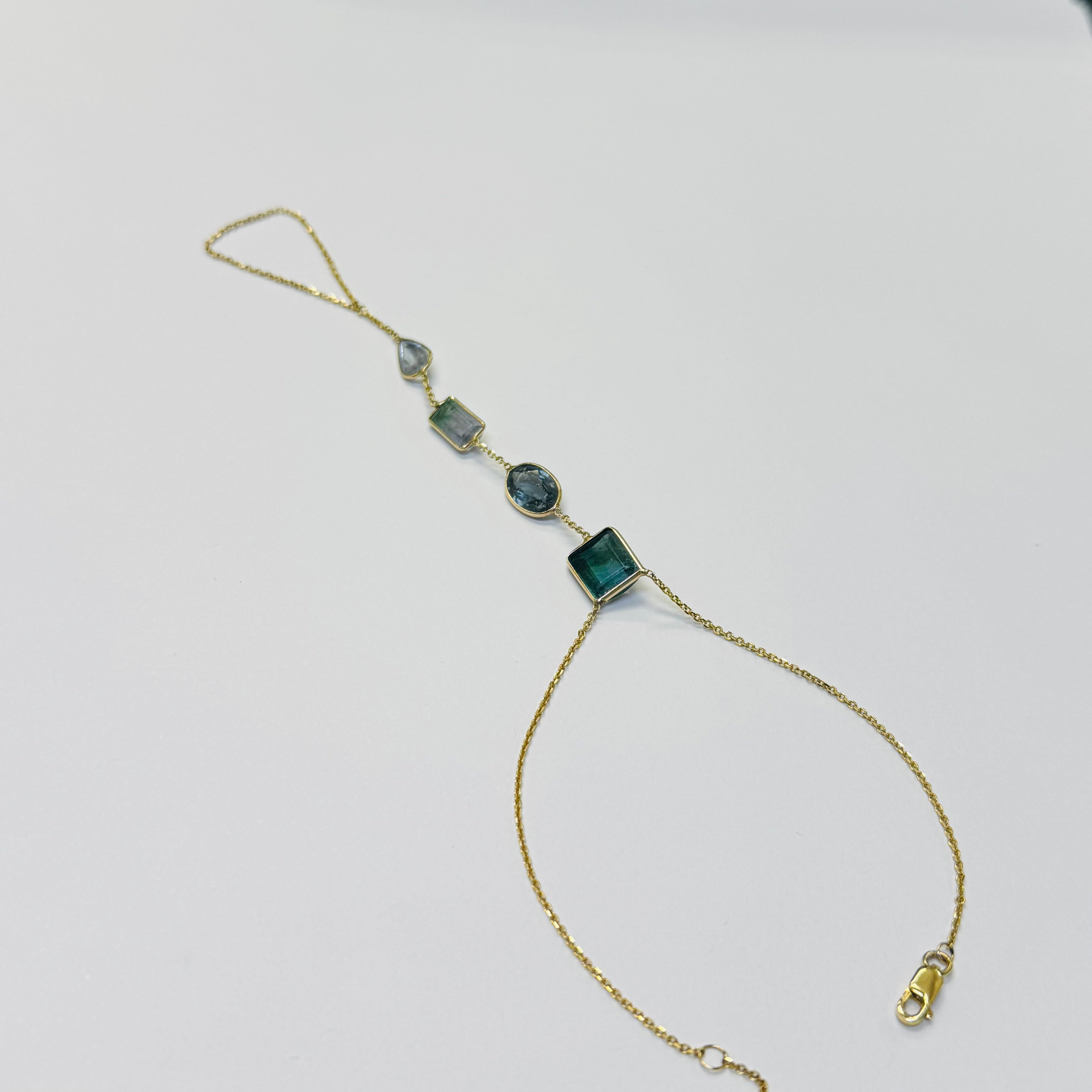 14K Yellow Gold Ombre Teal Tourmaline Handchain