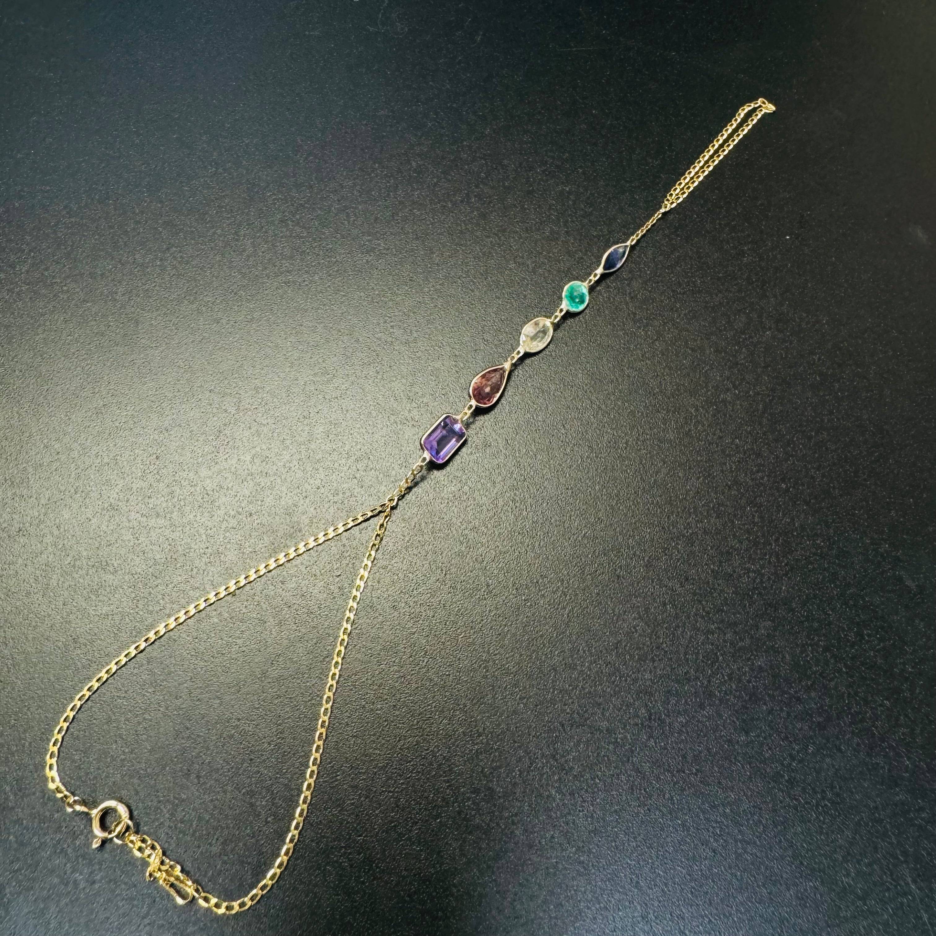 Multi Gem 14K Yellow Gold Curb Link Handchain