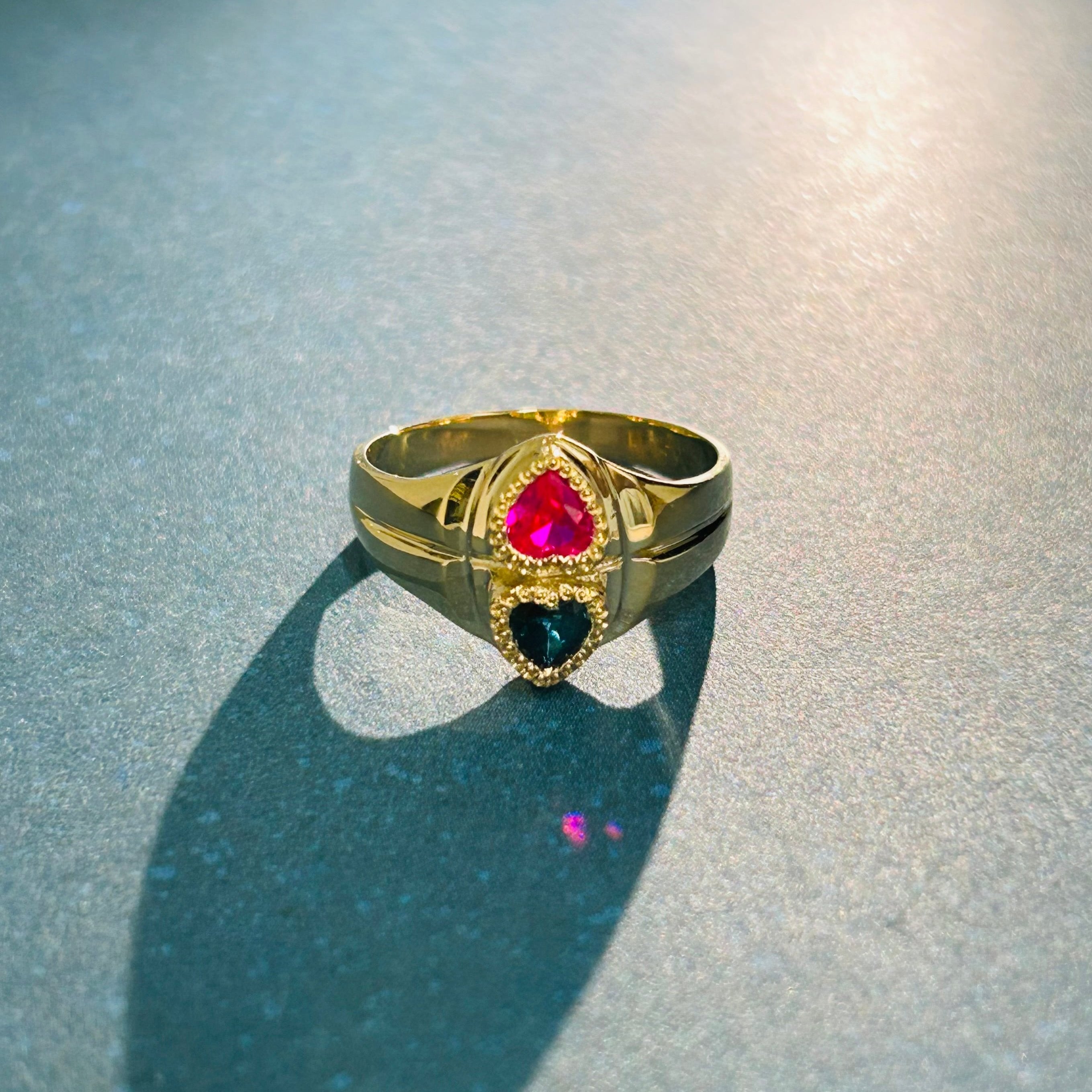 14k Yellow Gold Double Heart Ruby & Sapphire Size 6.25