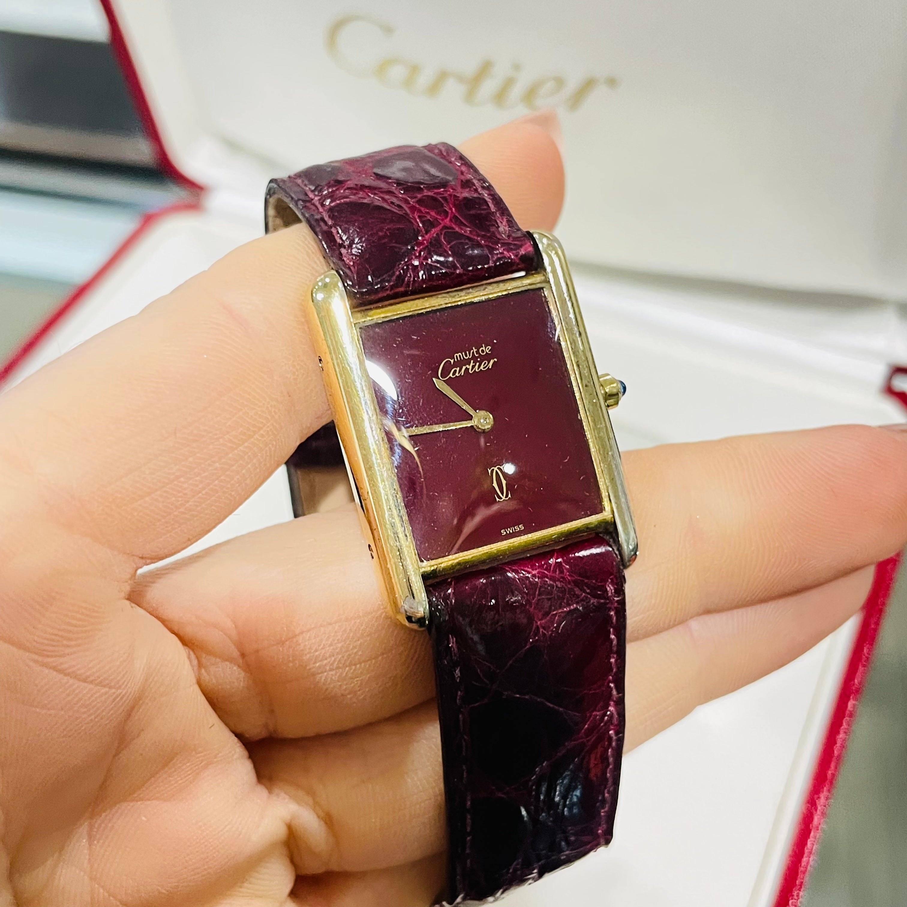 Must de Cartier Burgundy Wine Face and Strap Tank Watch 23mm