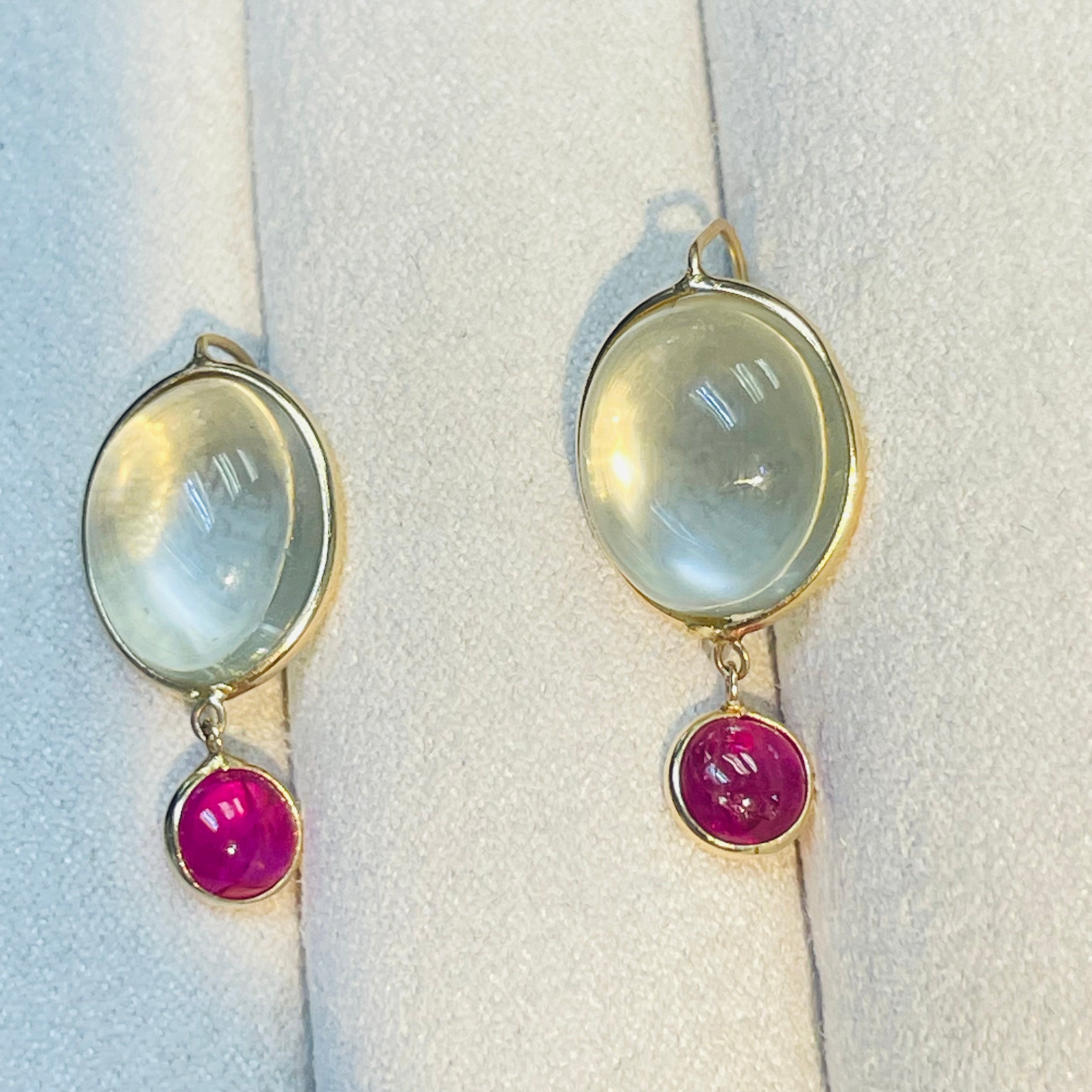 Moonstone and Ruby 14K Yellow Gold Drop Earrings