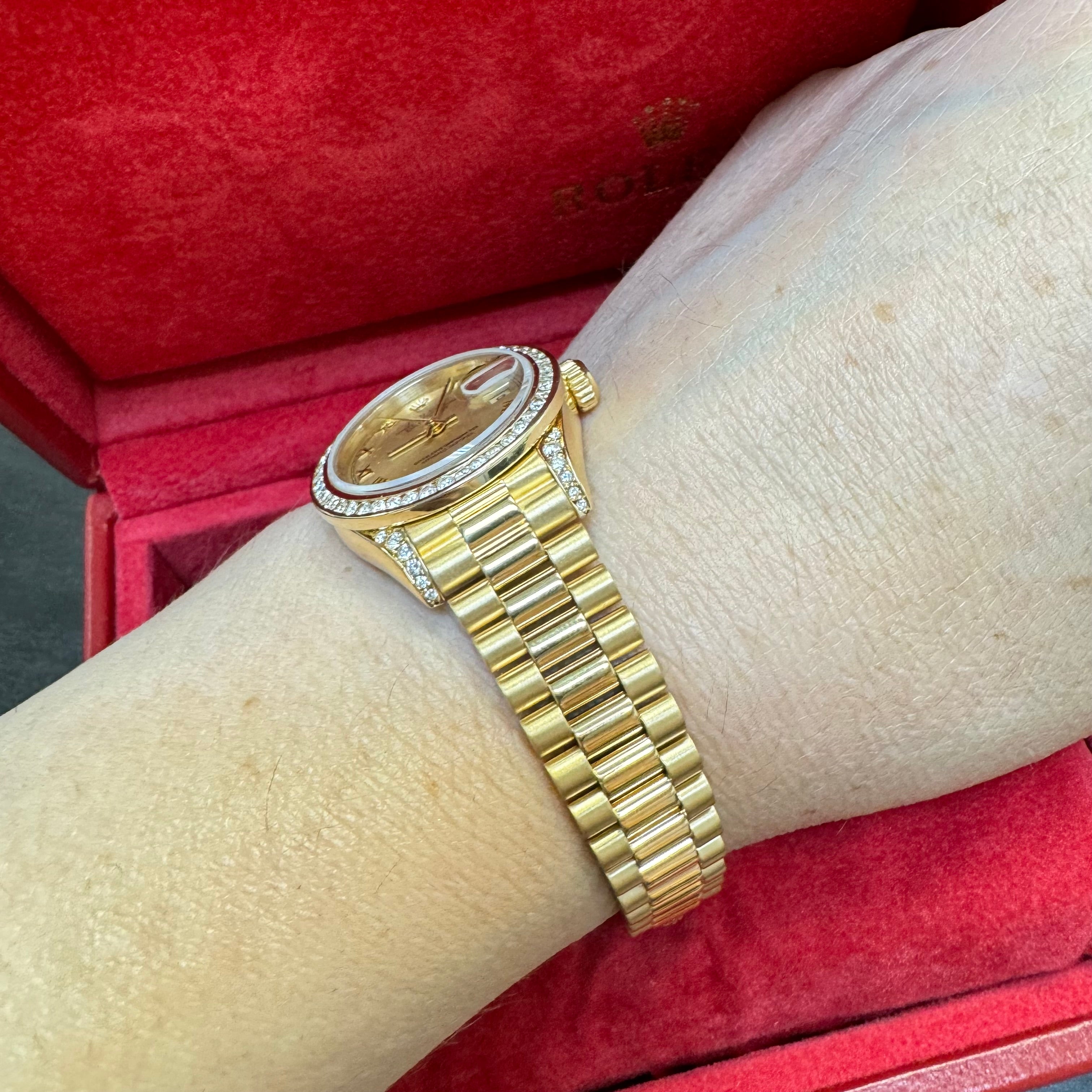 26mm Ladies 18K Gold President DateJust Watch 1996 Diamond Bezel