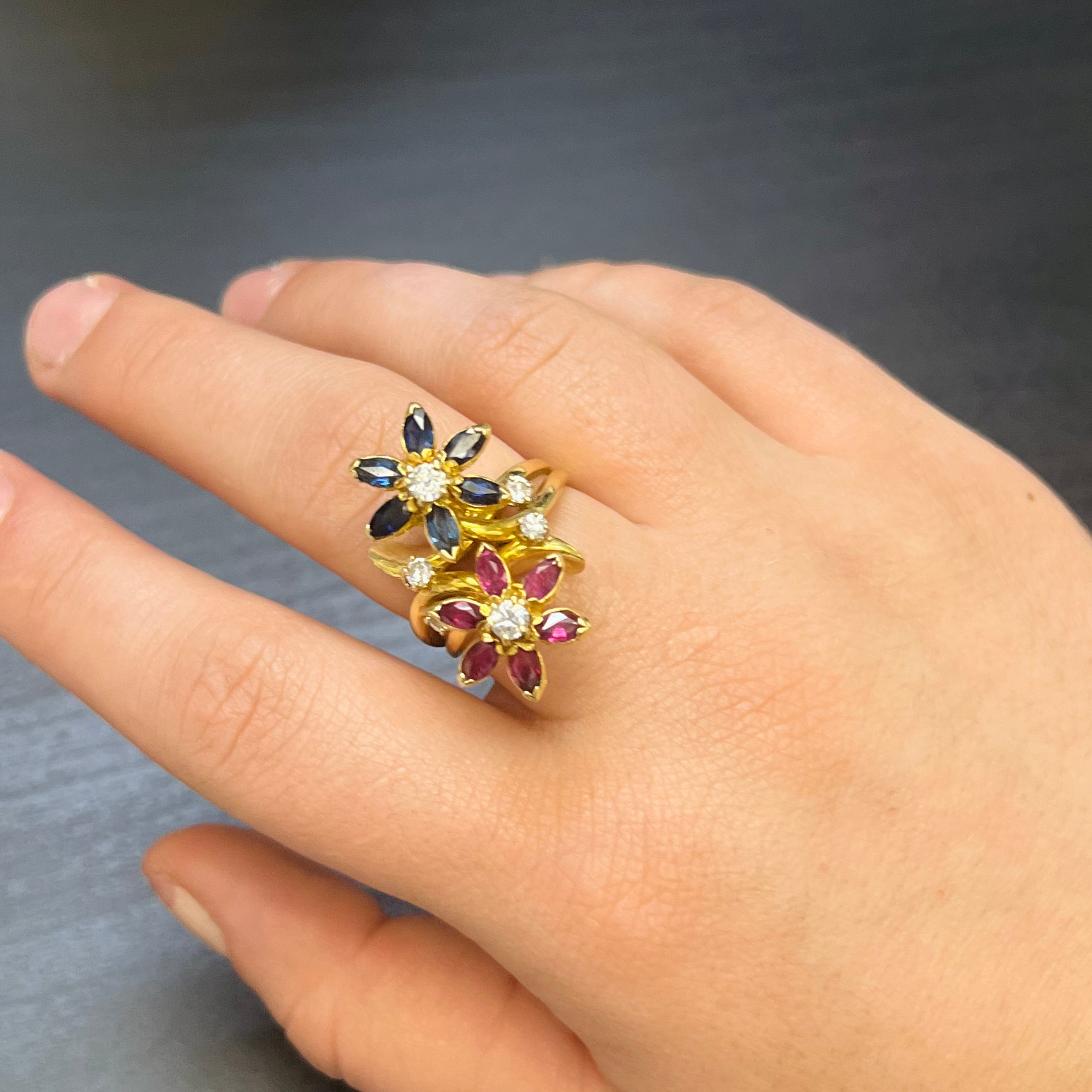 Gorgeous Solid 18K Yellow Gold Double Flower Ruby Sapphire and Diamond Cocktail Ring Size 9