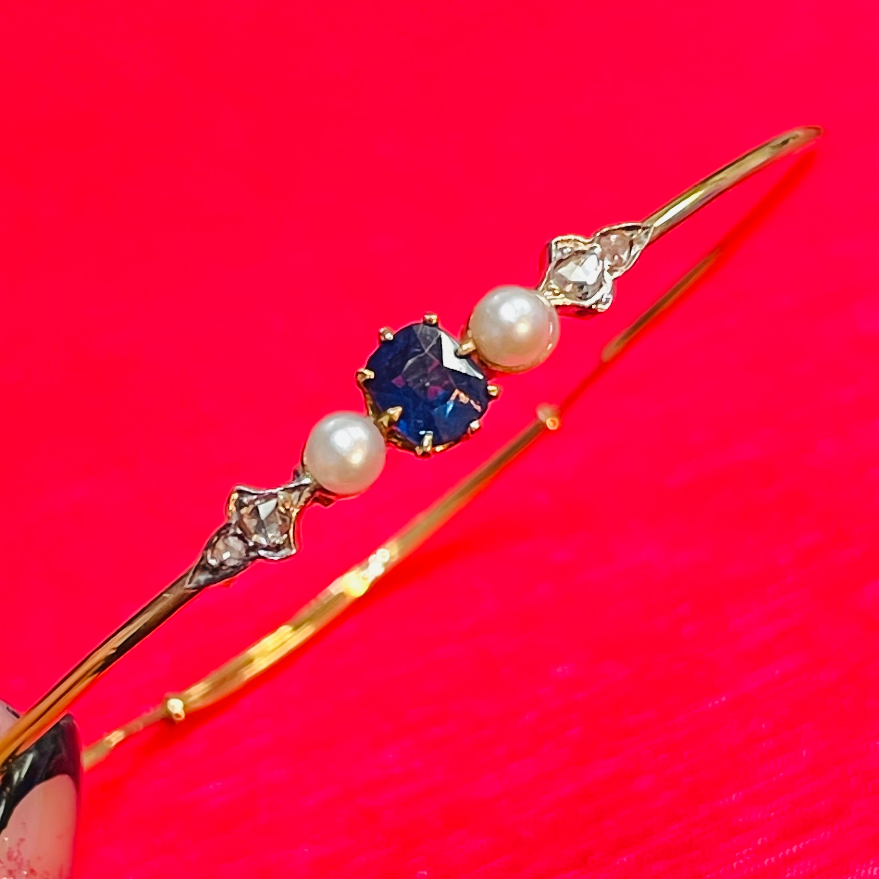 18K Rose Gold Vintage Pearl Diamond & Sapphire Bangle