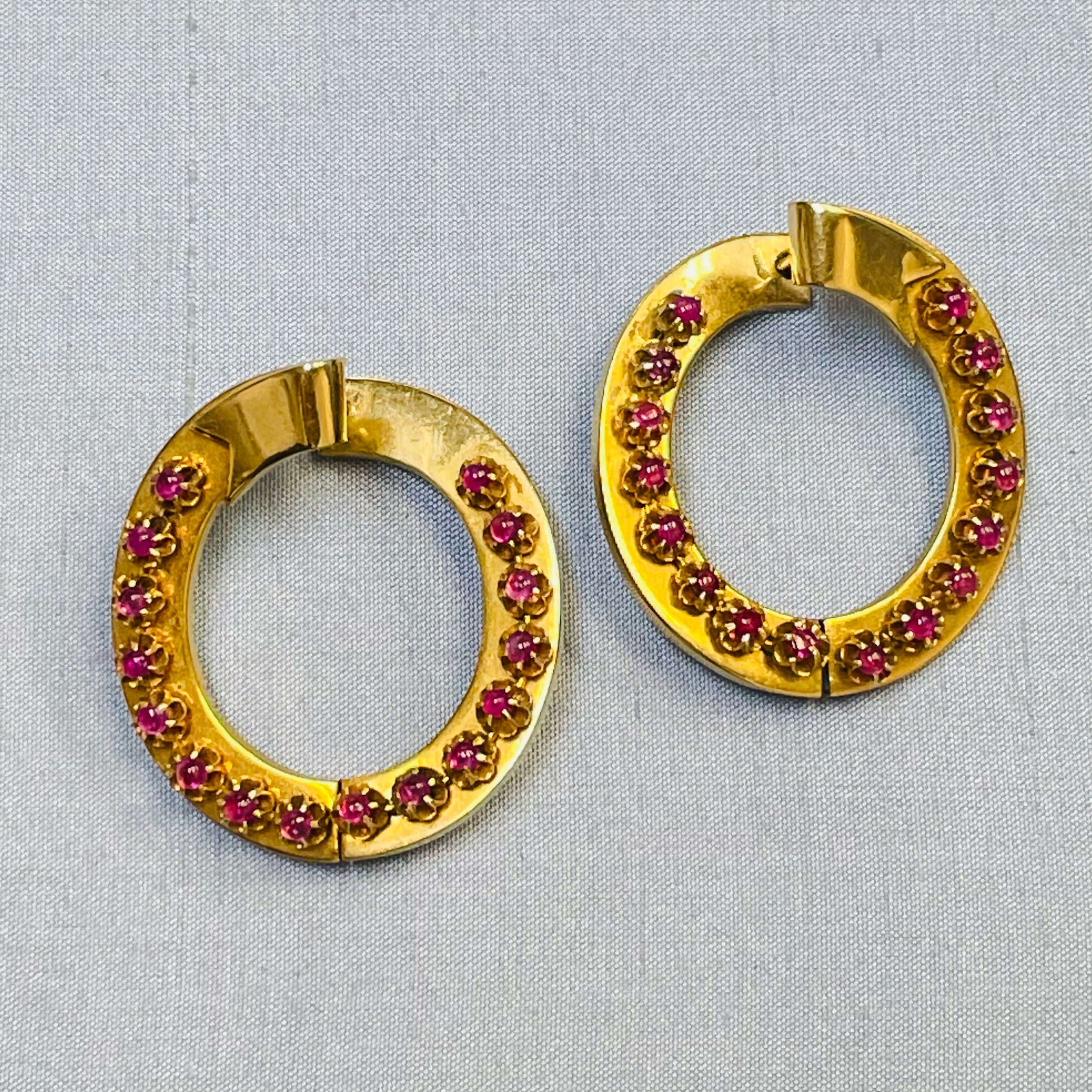 Amazing Natural Burma Ruby Cabochon Antique Victorian Hinged Hoop Earrings