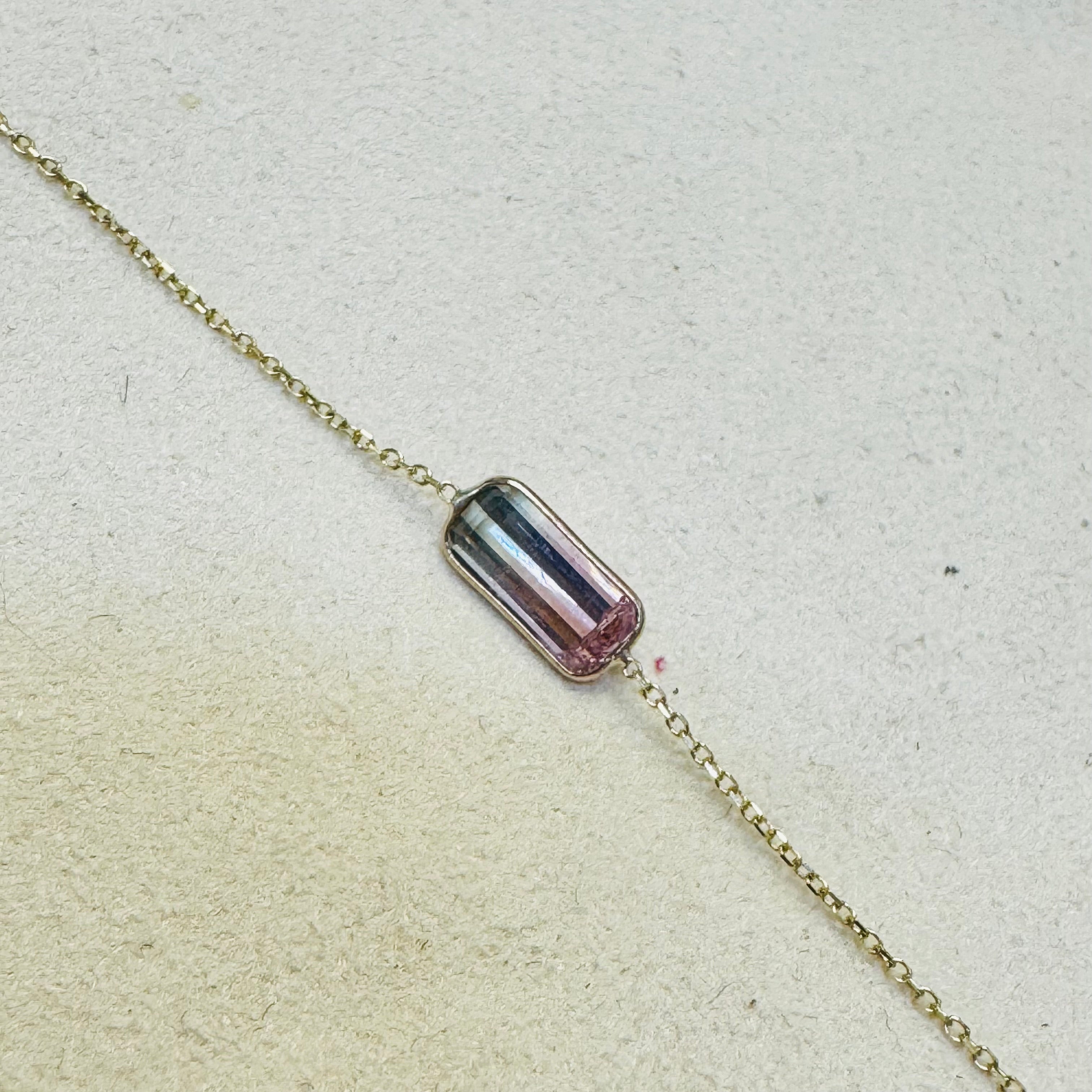 14K Yellow Gold Green and Pink Bi Color Tourmaline Handchain