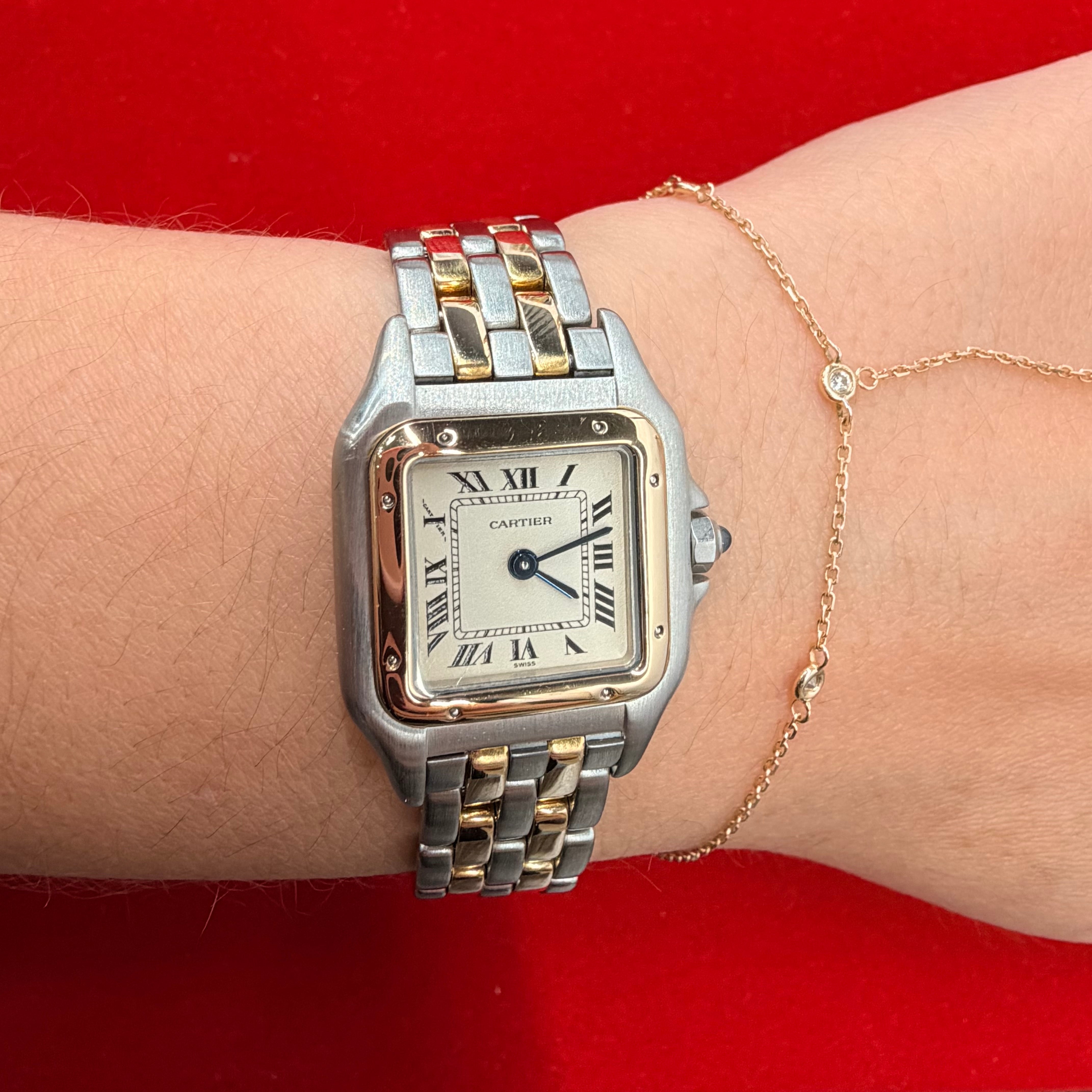 Vintage 18K Yellow Gold & Stainless Steel Small Panthere Quartz Wrist Watch Two Row Gold