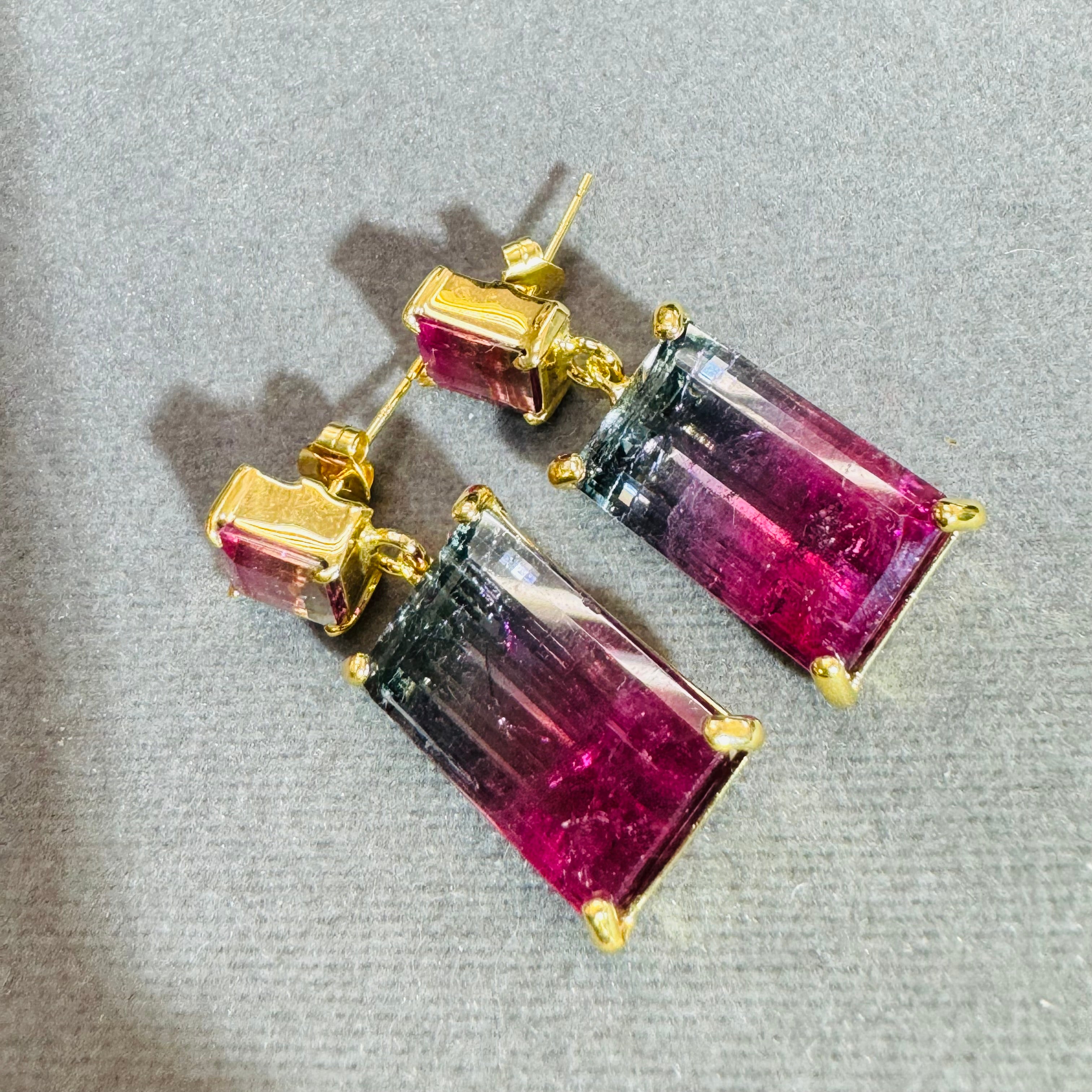 Bi-Color Pink Tourmaline 14K Yellow Gold Drop Earrings