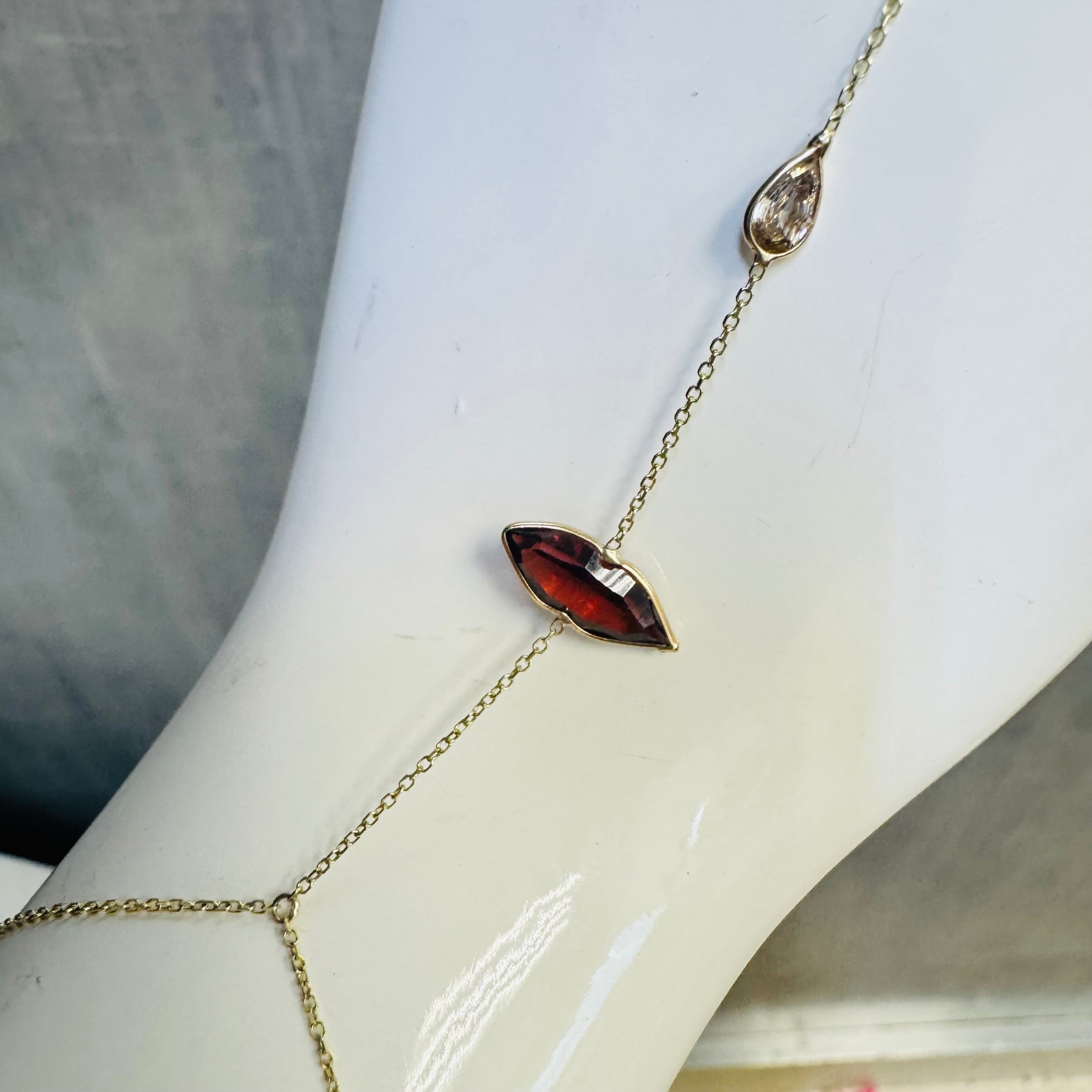 14K Yellow Gold Lip Garnet and Diamond Handchain