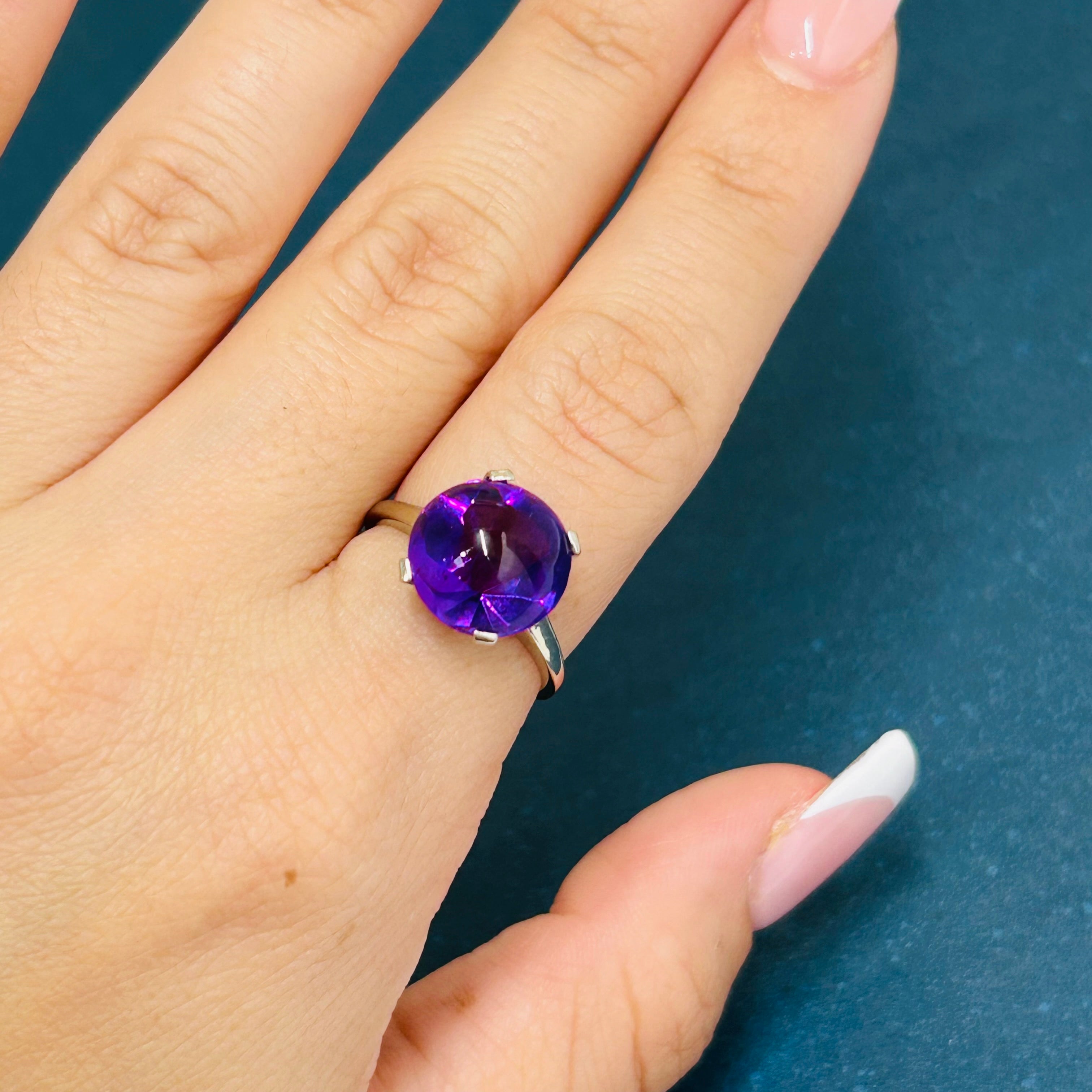 14k White Gold Solid Cabochon Amethyst Ring Size 6.75