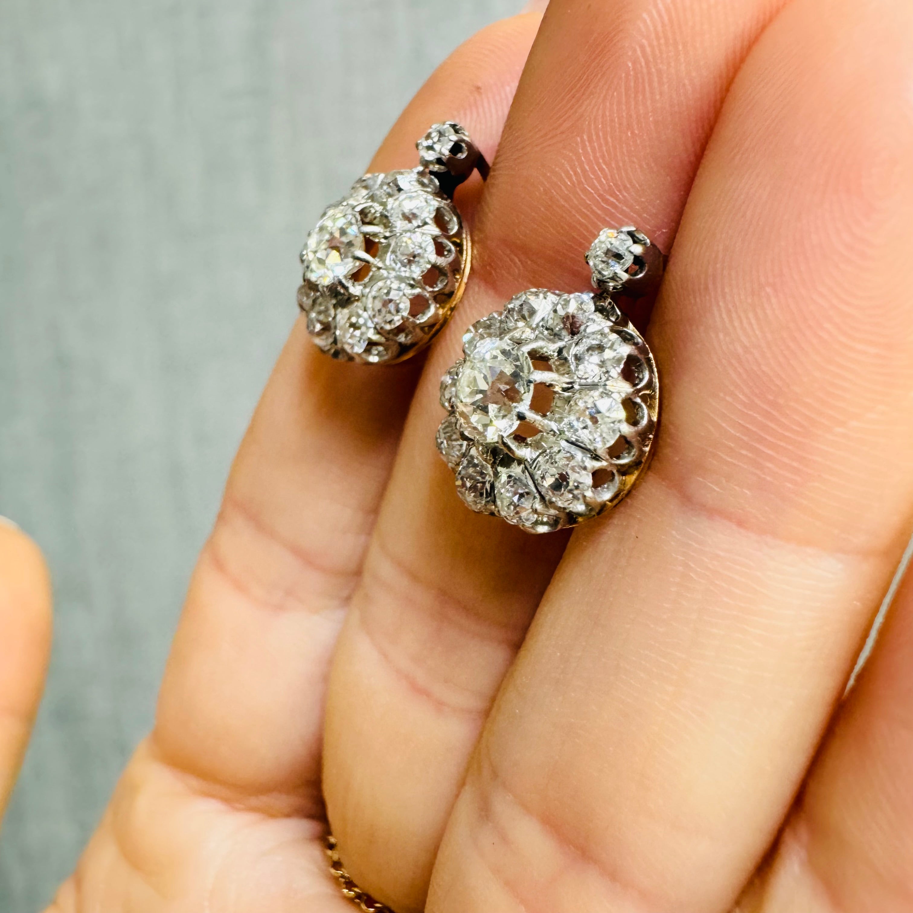 4CTW Old Mine Diamond Cluster Earring Studs with French Backs