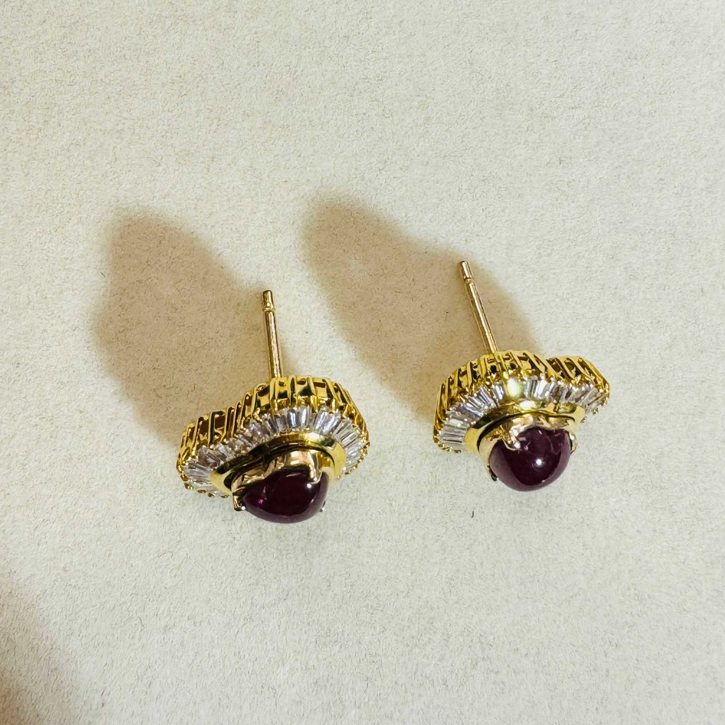 Natural Baguette Diamond and Ruby Cabochon 18K Yellow Gold Stud Earrings Convertible with Jackets